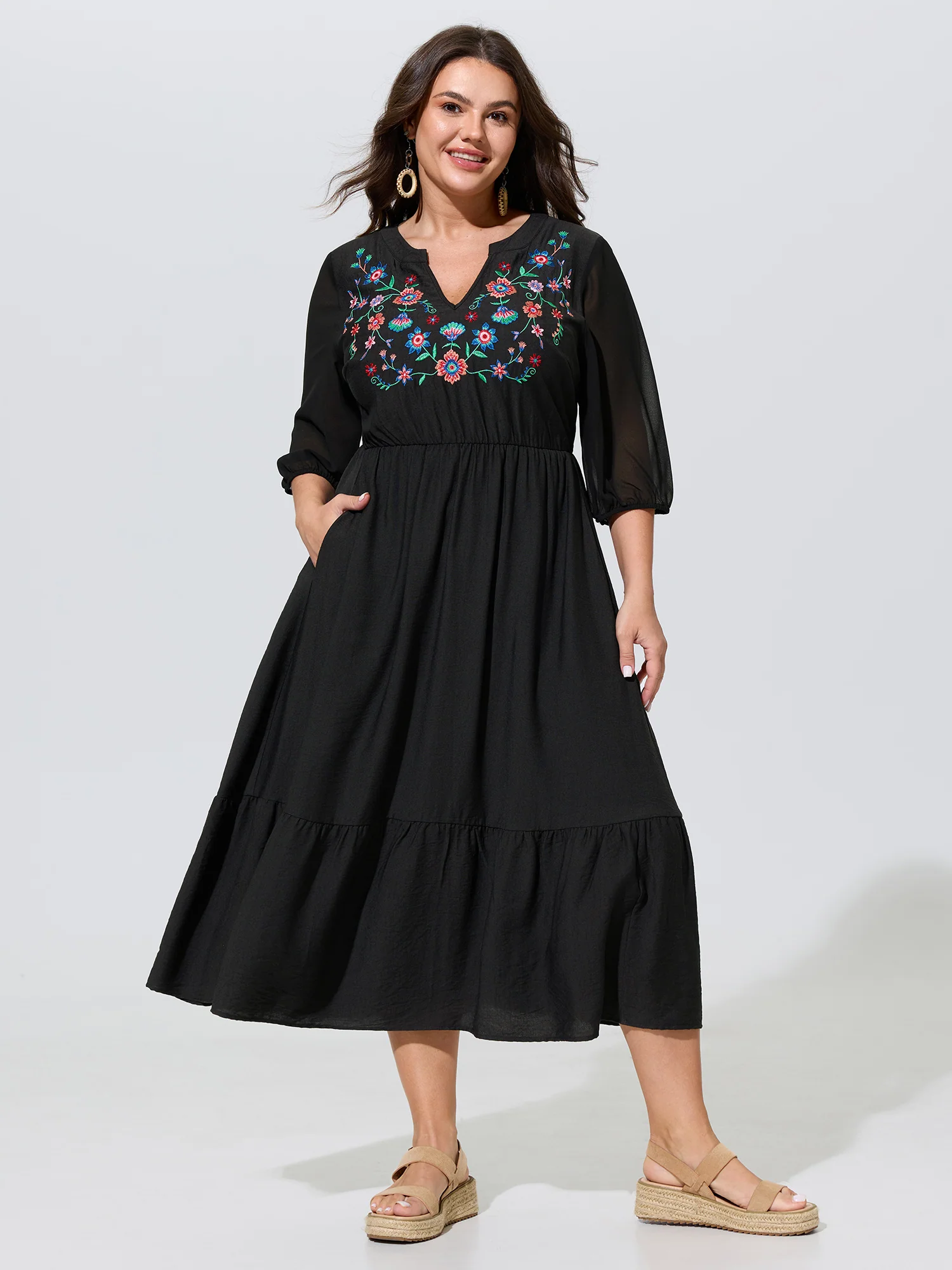 Breathable Floral Embroidered Neckline Midi Dress