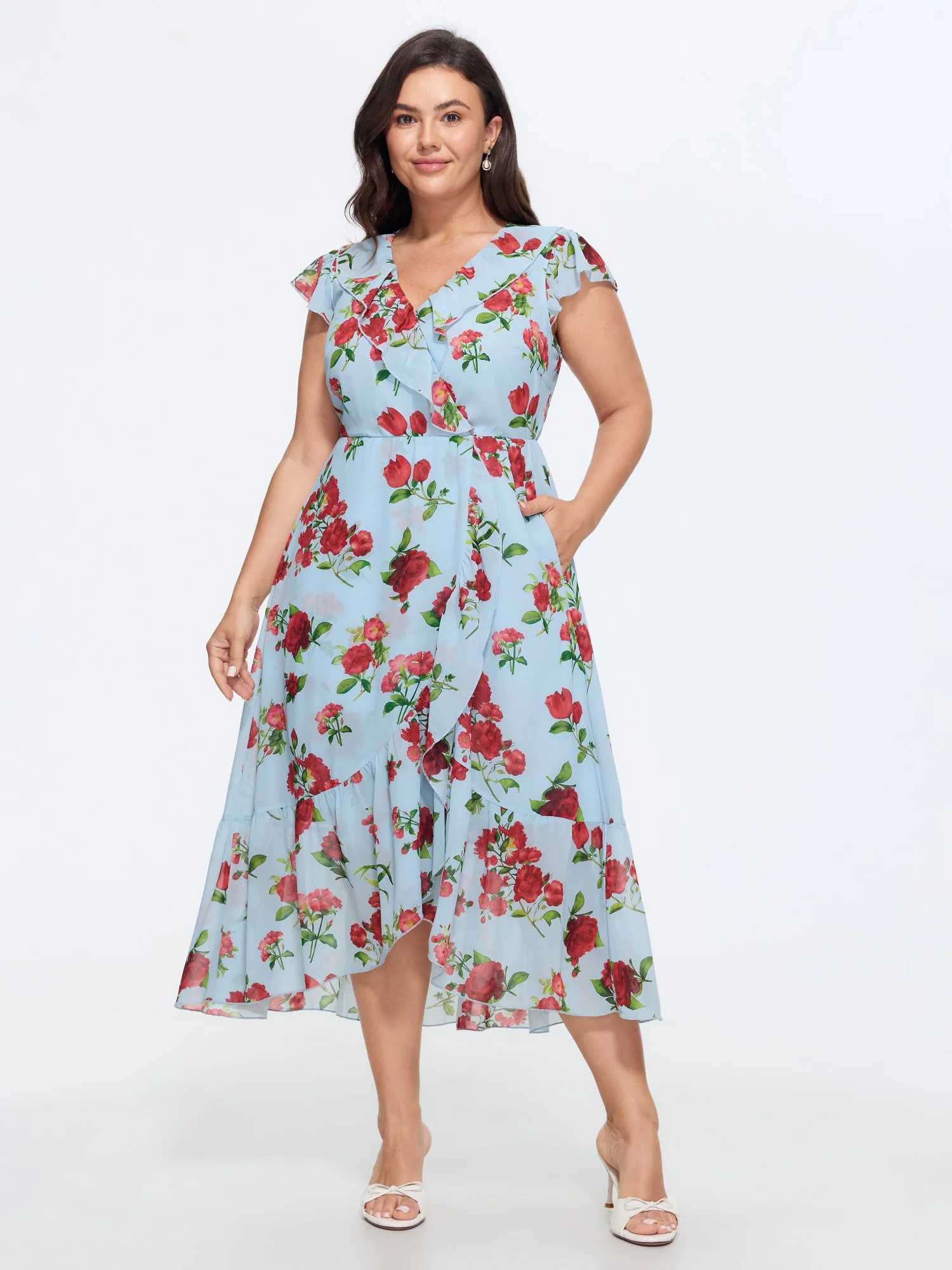 Floral Print Ruffled Neckline Flowy Midi Dress