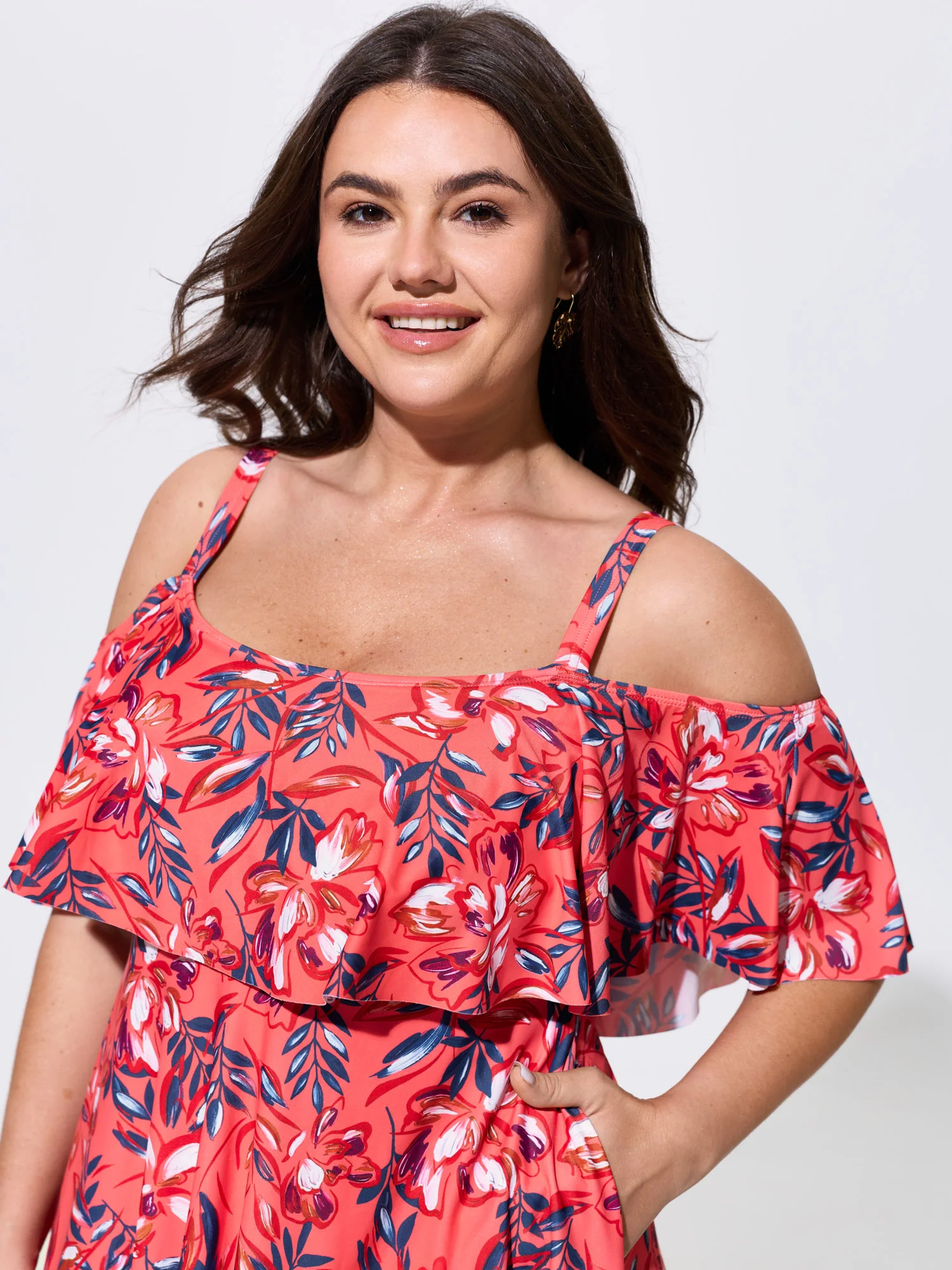 Floral Ruffle Trim Off Shoulder Pockets Swim Dress
