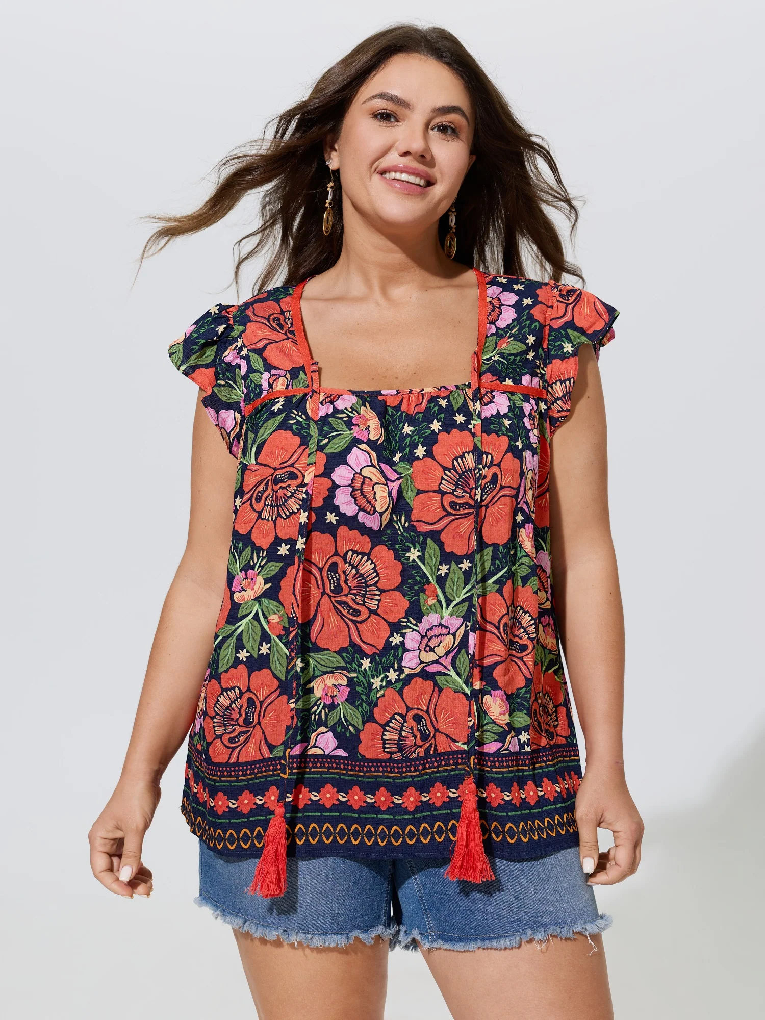 Vibrant Floral Print Flutter Sleeve Blouse
