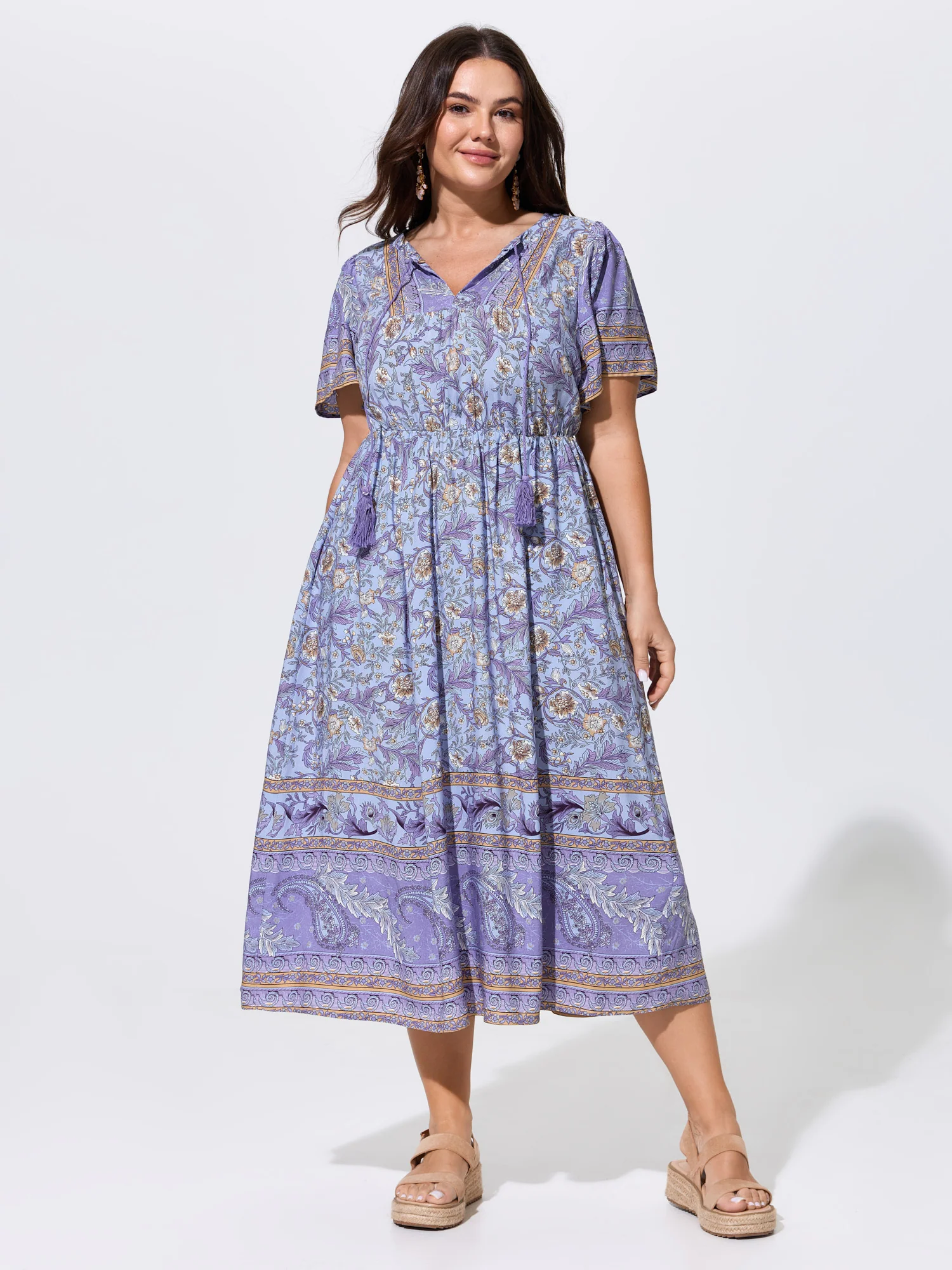 Floral Print Tassels Drawstring Neckline Midi Dress