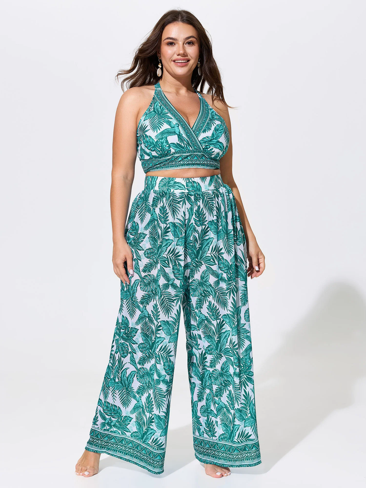 Tropical Print Surplice Neckline Swim Top