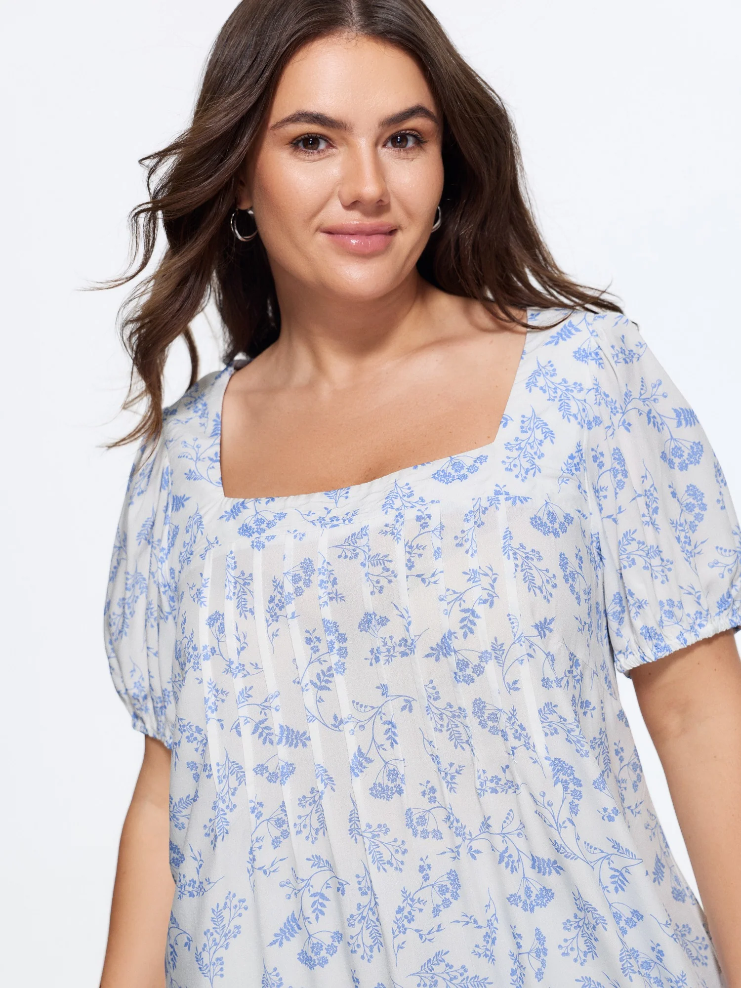 Supersoft Floral Print Square Neck Pleat Blouse