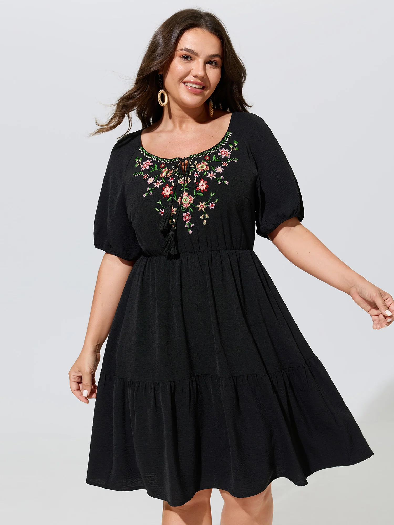 Floral Embroidered Neckline Tiered Mini Dress