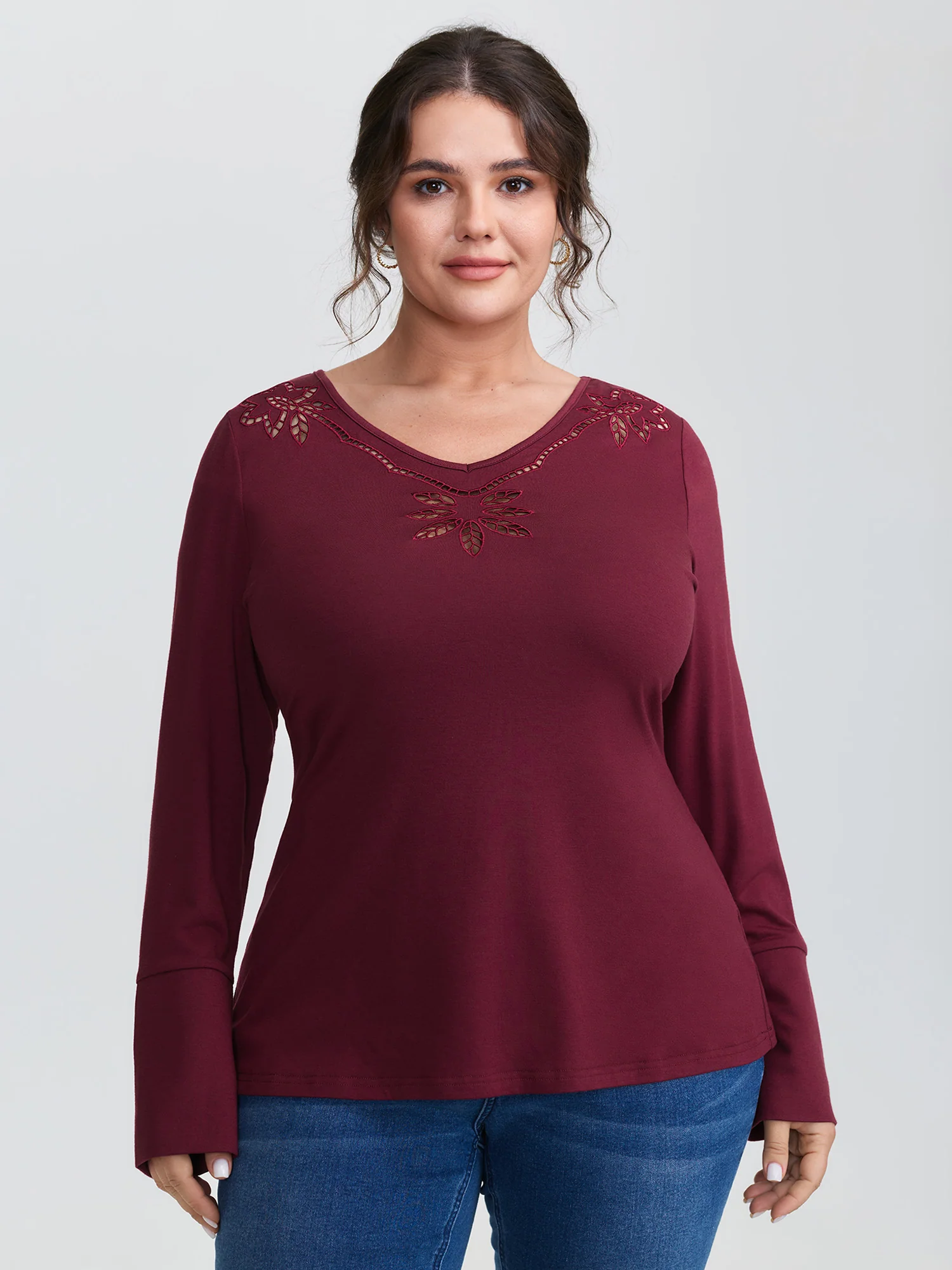 Floral Cut-Out Embroidery Fitted T-Shirt