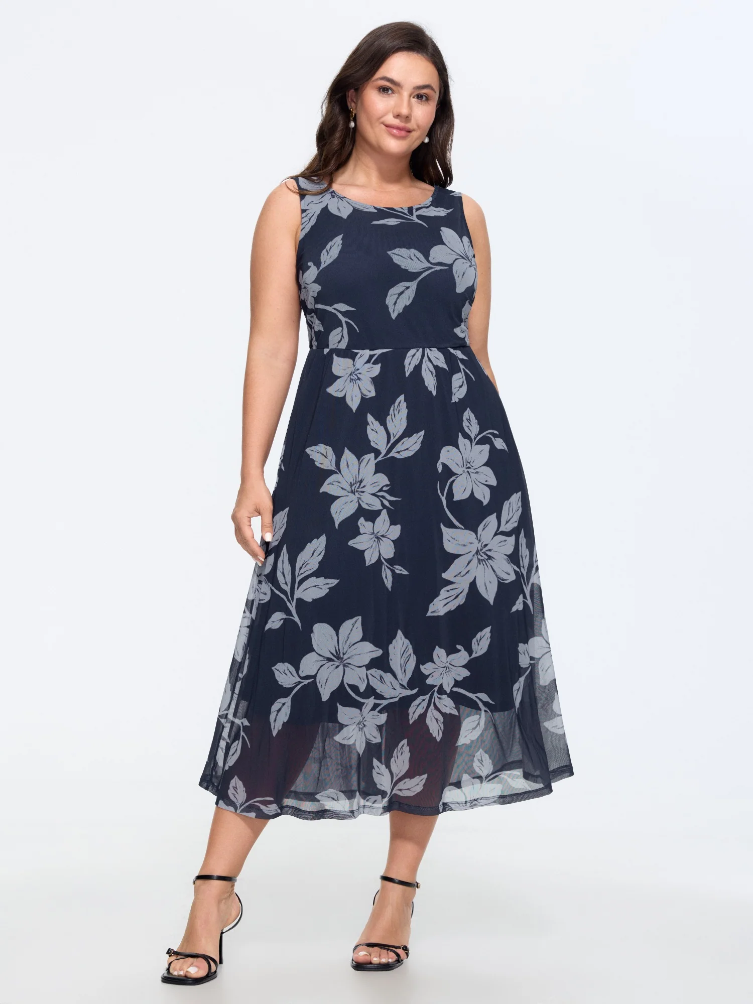 Floral Print Mesh Sleeveless Midi Dress
