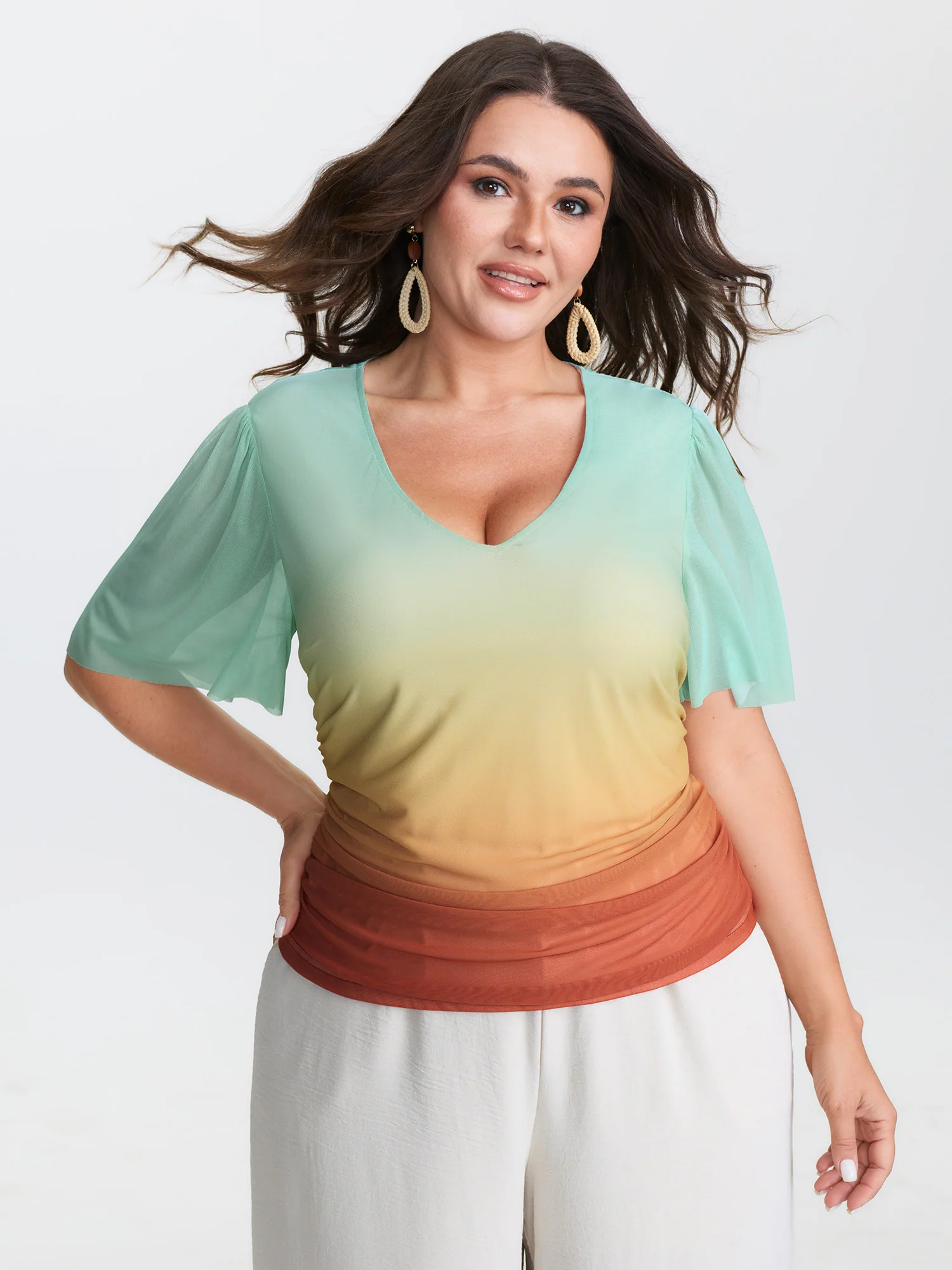 Gradient Ruched Hem Stretchy T-Shirt