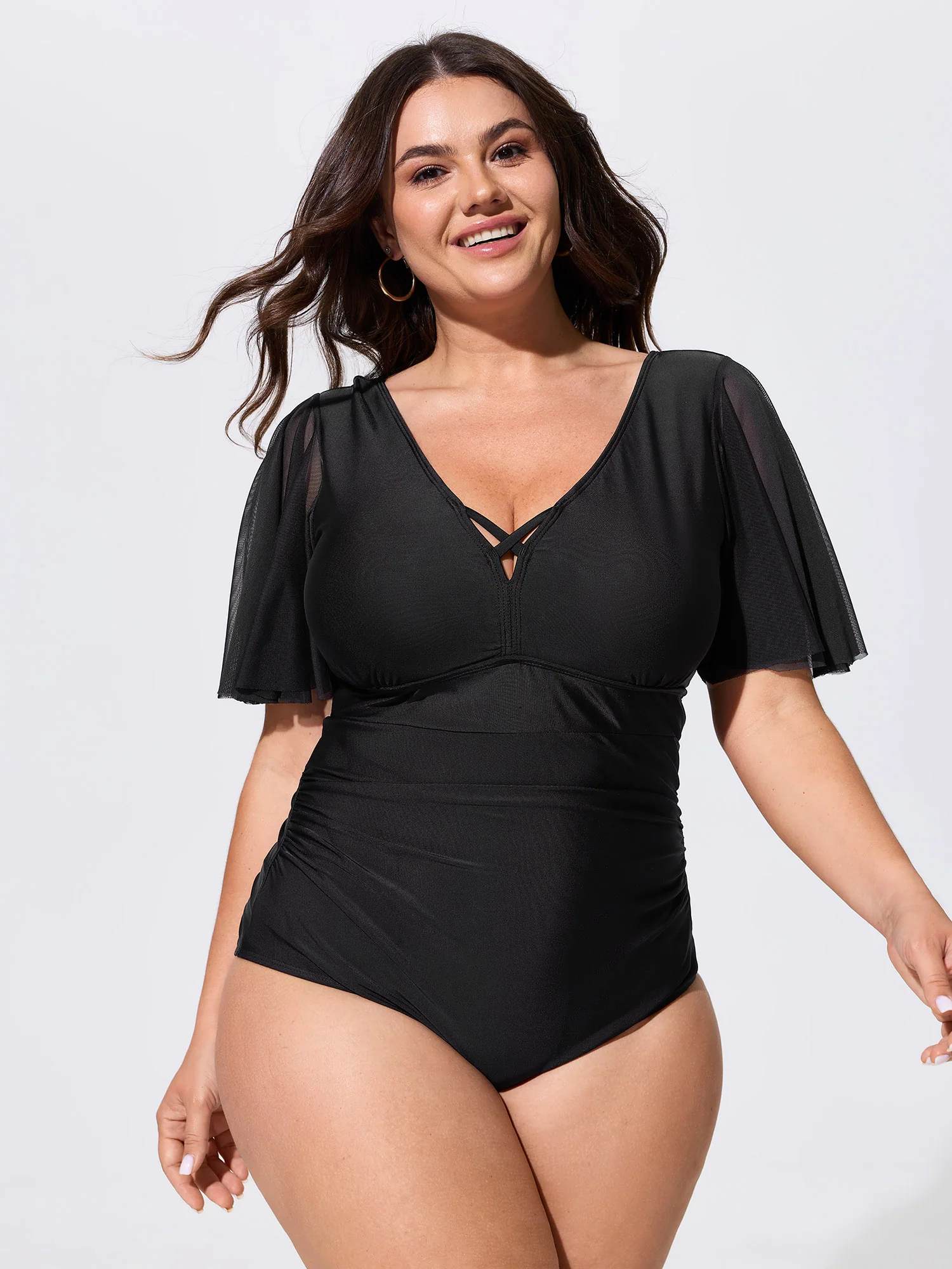 Sheer Backless Ruched One-Piece Swim