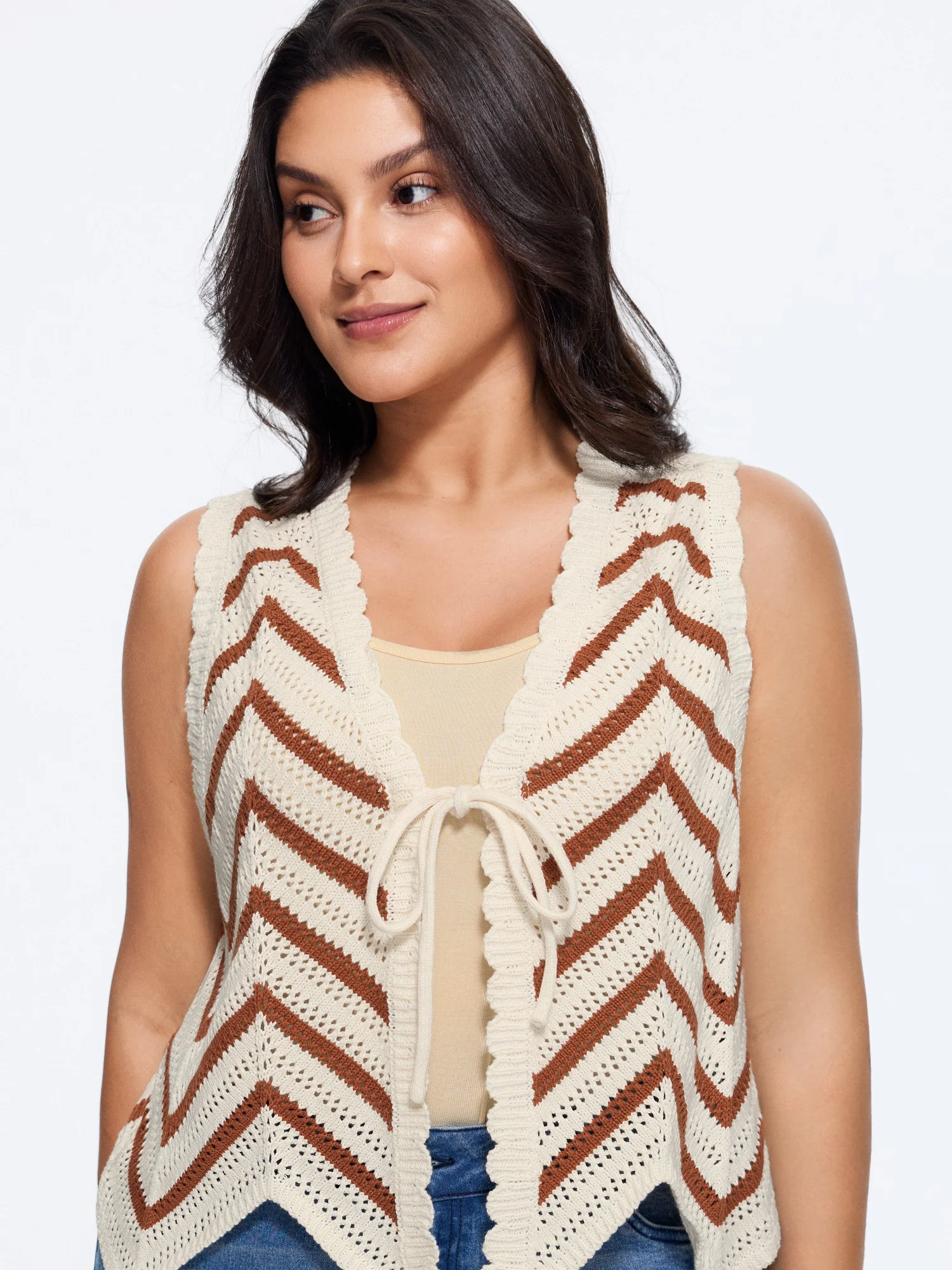 Scallop Edge Chevron Knit Front Tie Sweater Vest