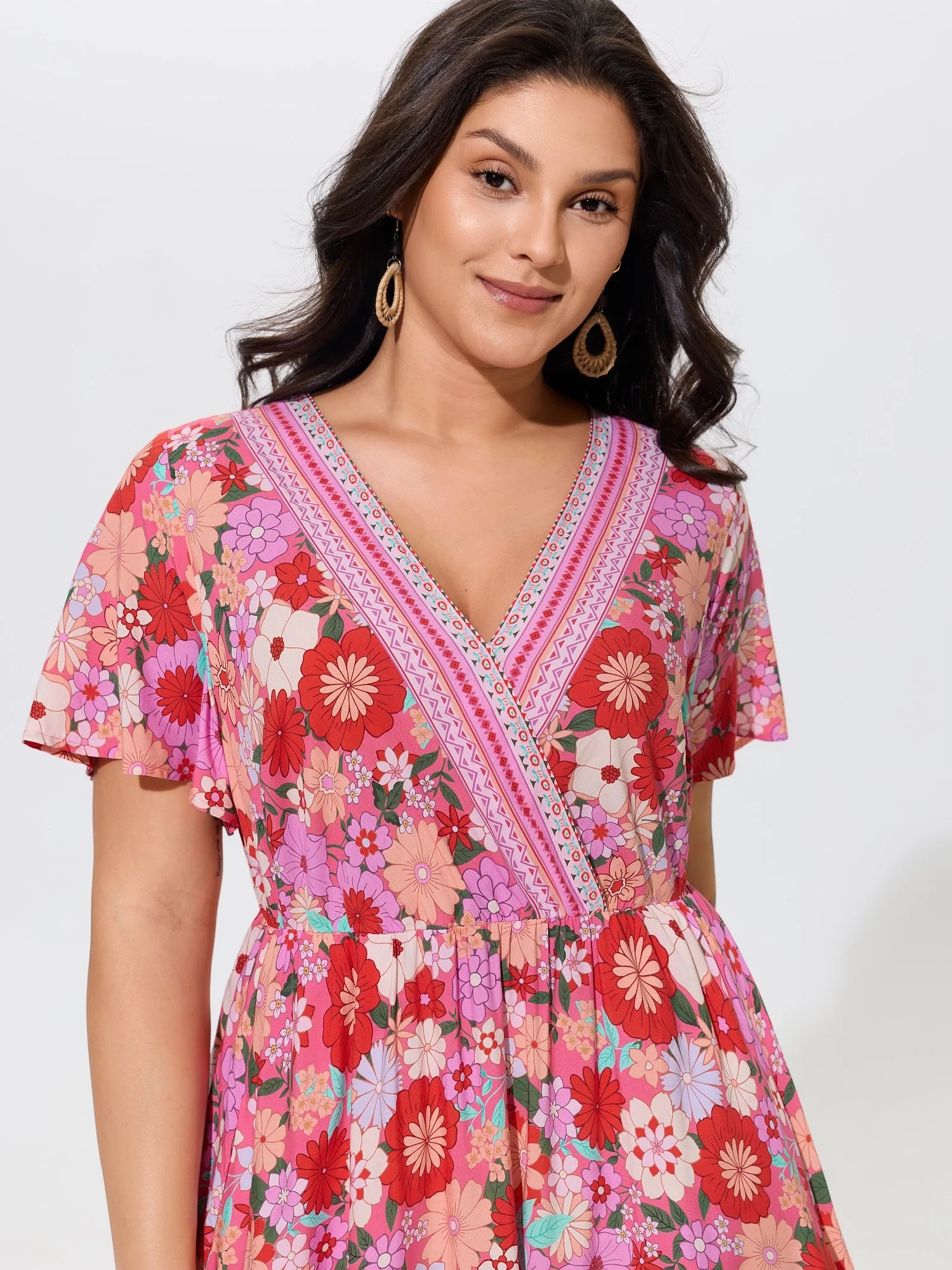 Supersoft Colorful Floral Print V Neck Ruffle Sleeve Midi Dress