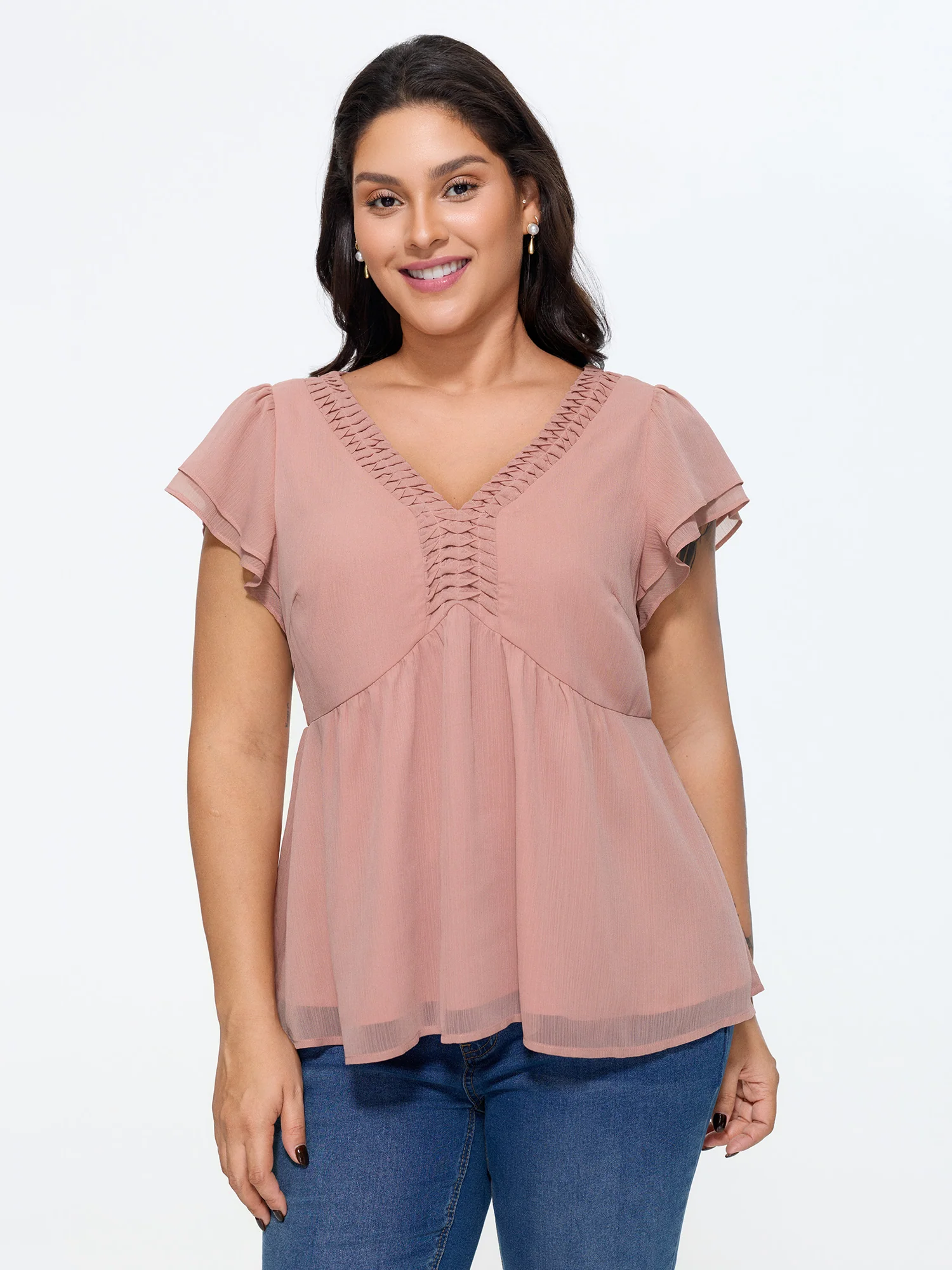 Braided Neckline Detail Layered Sleeve Top