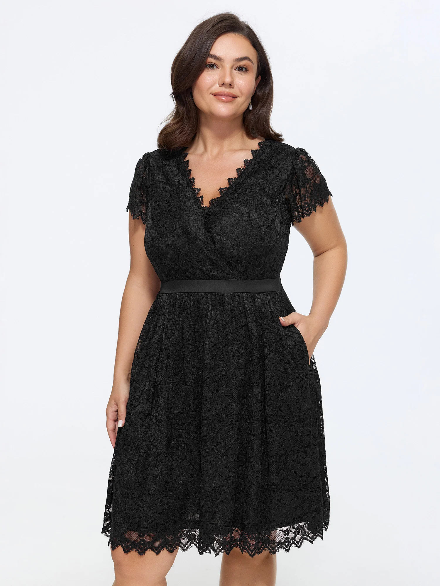 Stretchy Solid Lace Mesh V Neck Mini Dress