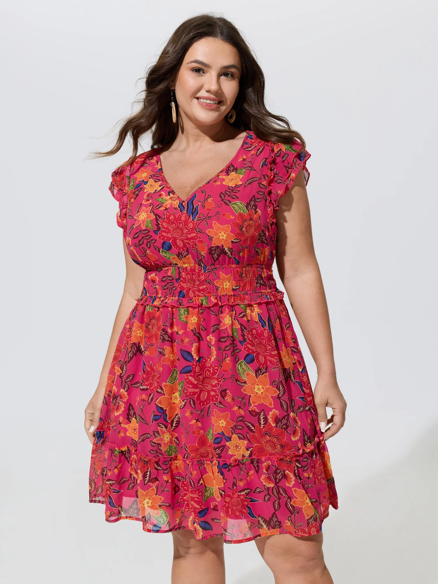 Floral Print Flutter Sleeve Mini Dress