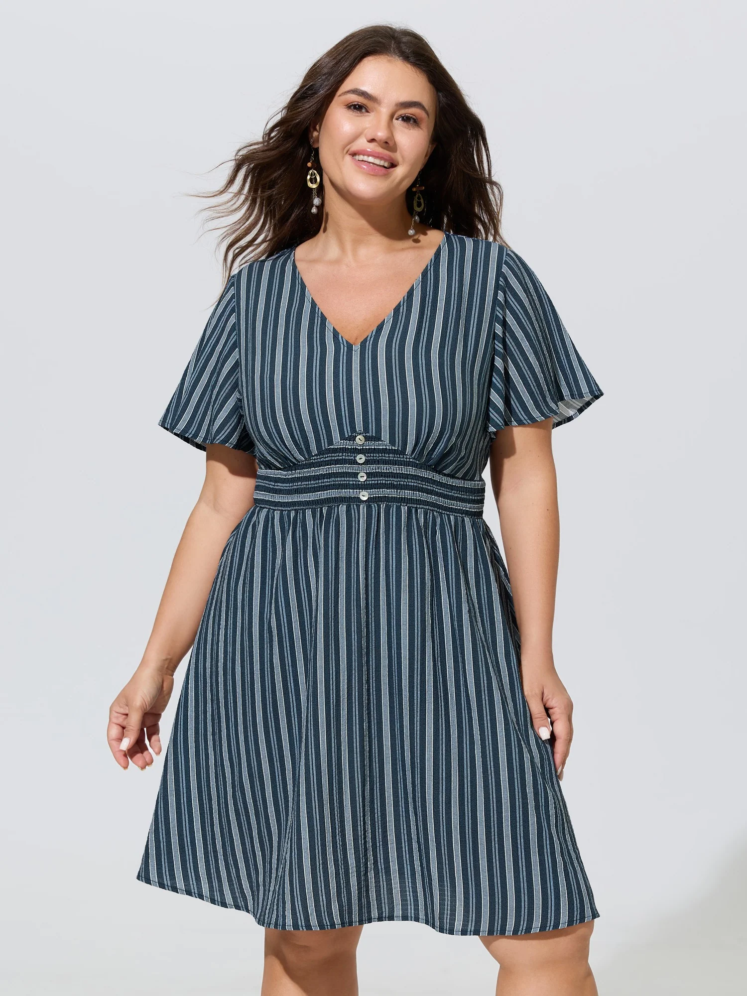 Vertical Stripe Print Shirred Waist Mini Dress