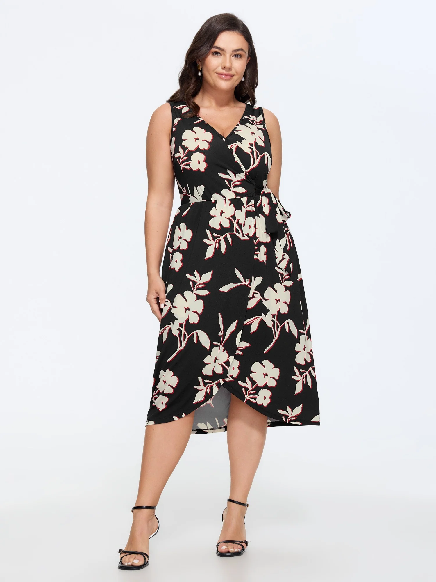 Floral Wrap Side Tie Asymmetrical Midi Dress