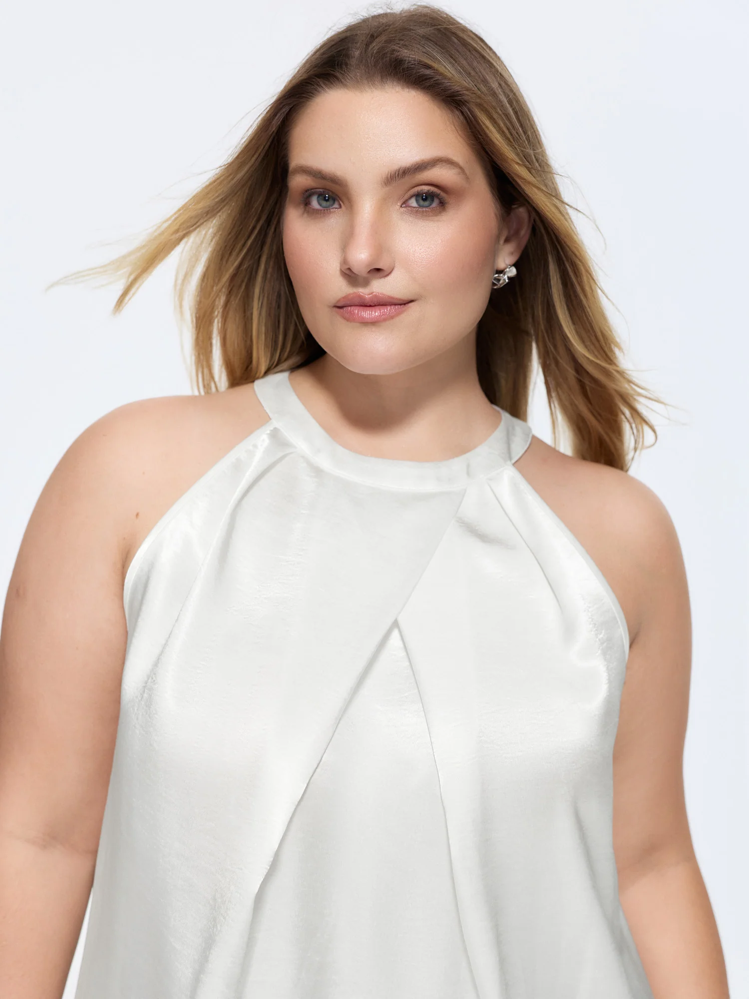 Satin Halter Neckline Overlap Pleats Tank Top