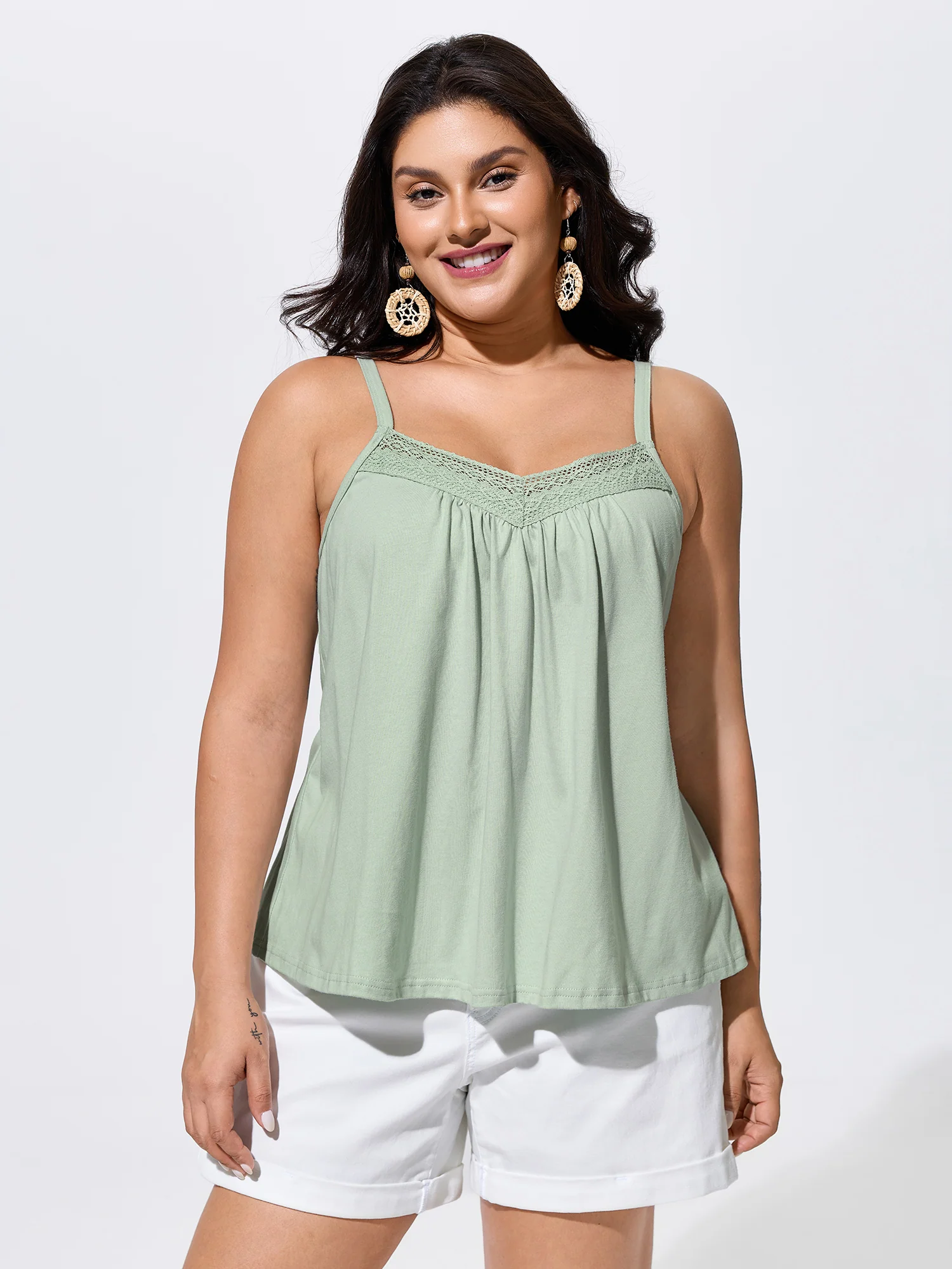 Cotton Lace Trim Flowy Plain Tank Top