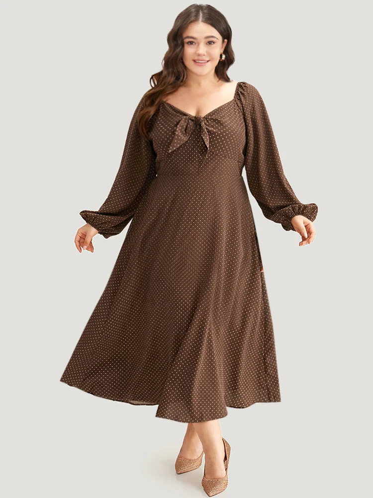 Polka Dot Knot Neck Lantern Sleeve Dress