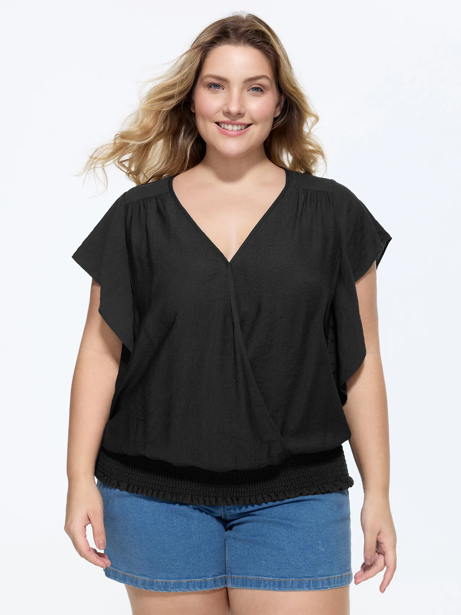 Flared Sleeve Shirred Hem Plain Blouse