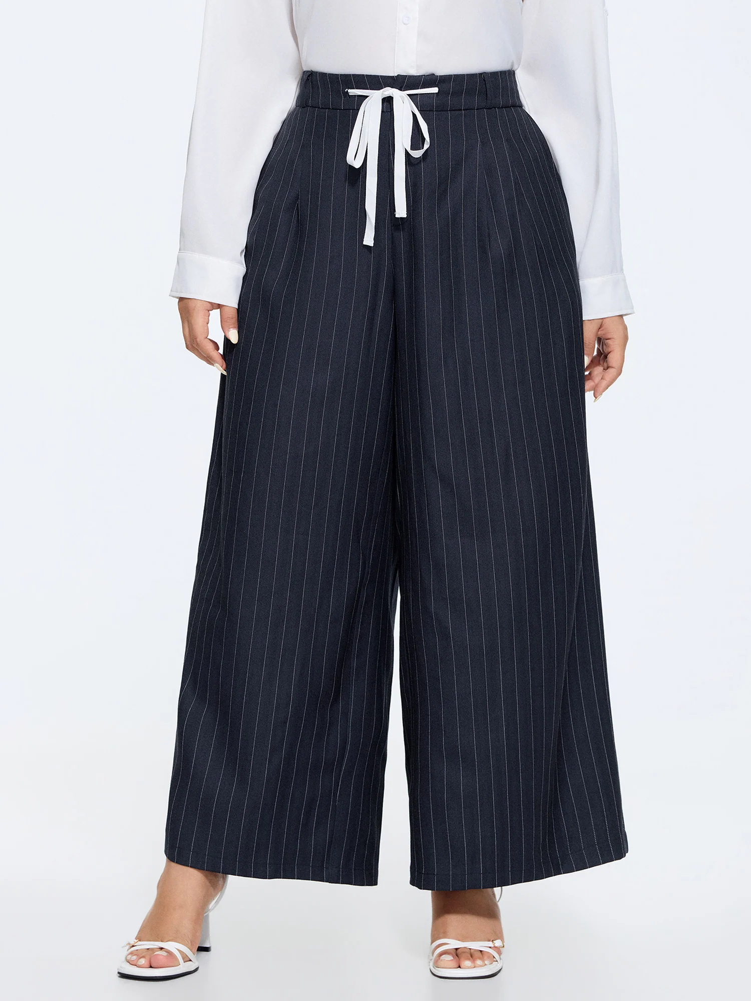 Striped Print Contrast Drawstring Wide-Leg Pants