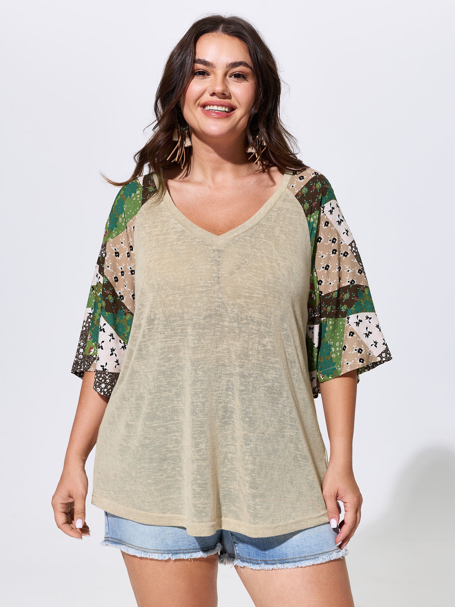 Stretchy Floral Print Raglan Sleeve Knit Top