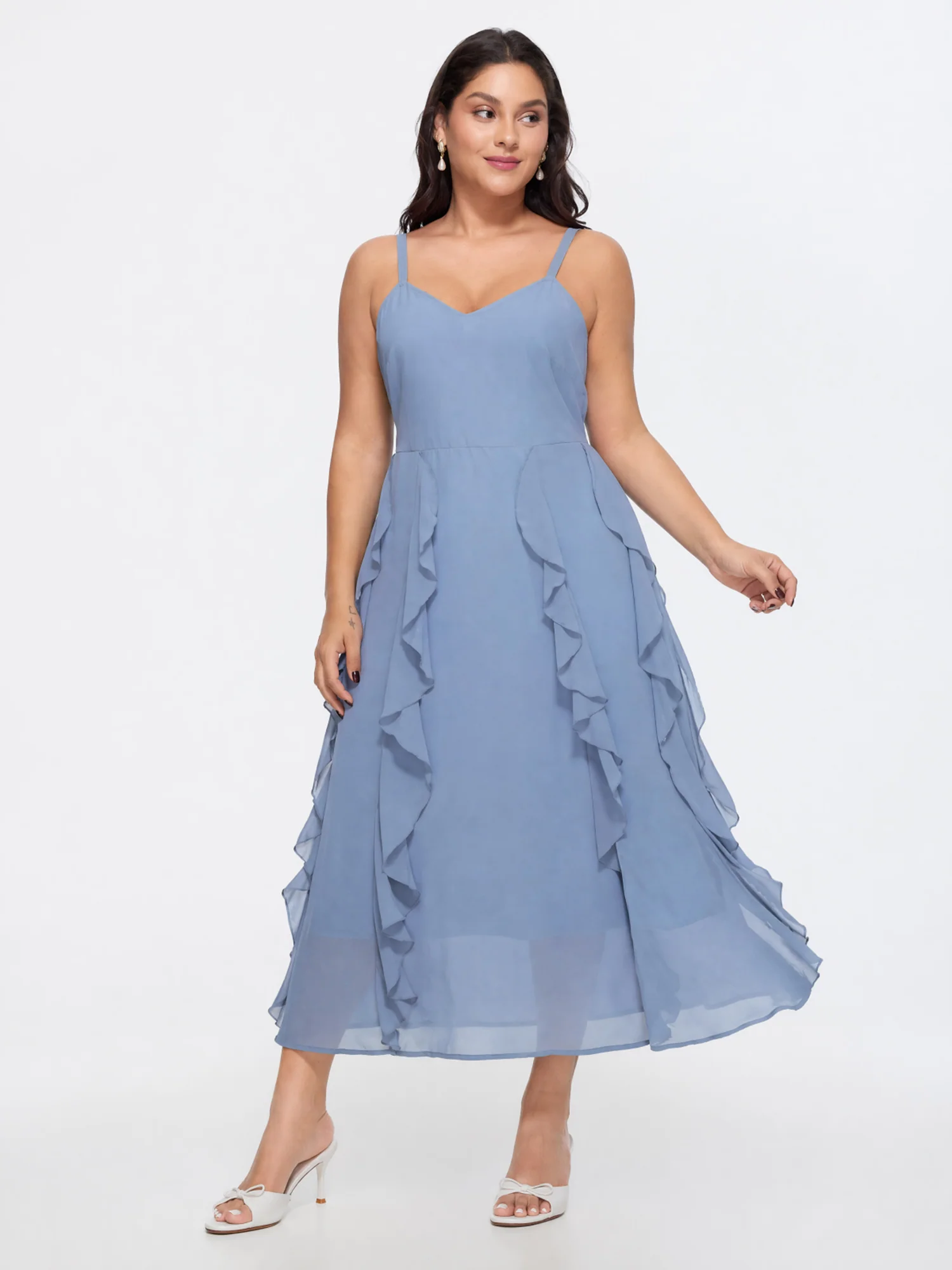 Ruffled Sides Shirred Flowy Midi Dress