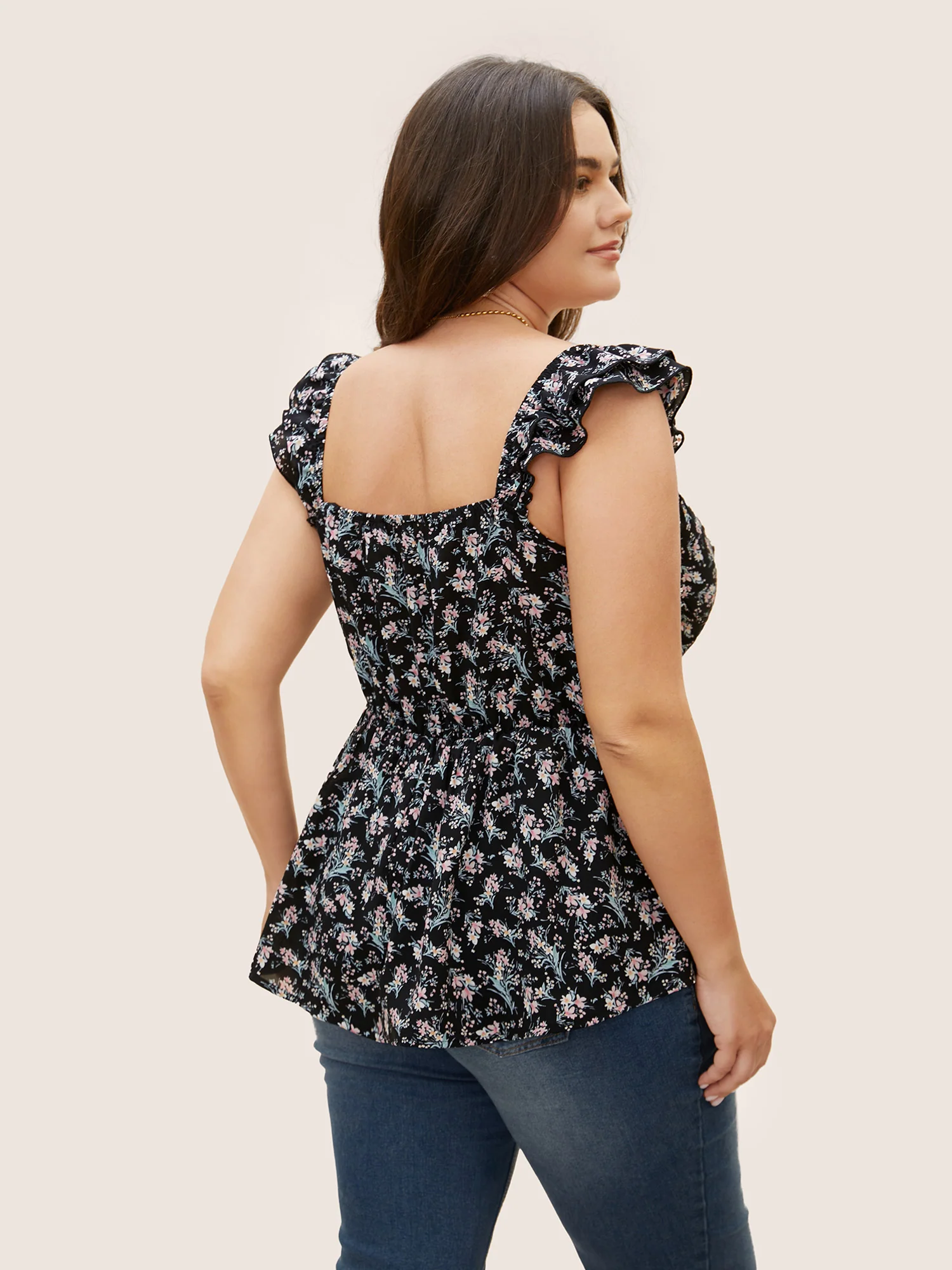 Ditsy Floral Tiered Ruffles Lace Trim Tank Top