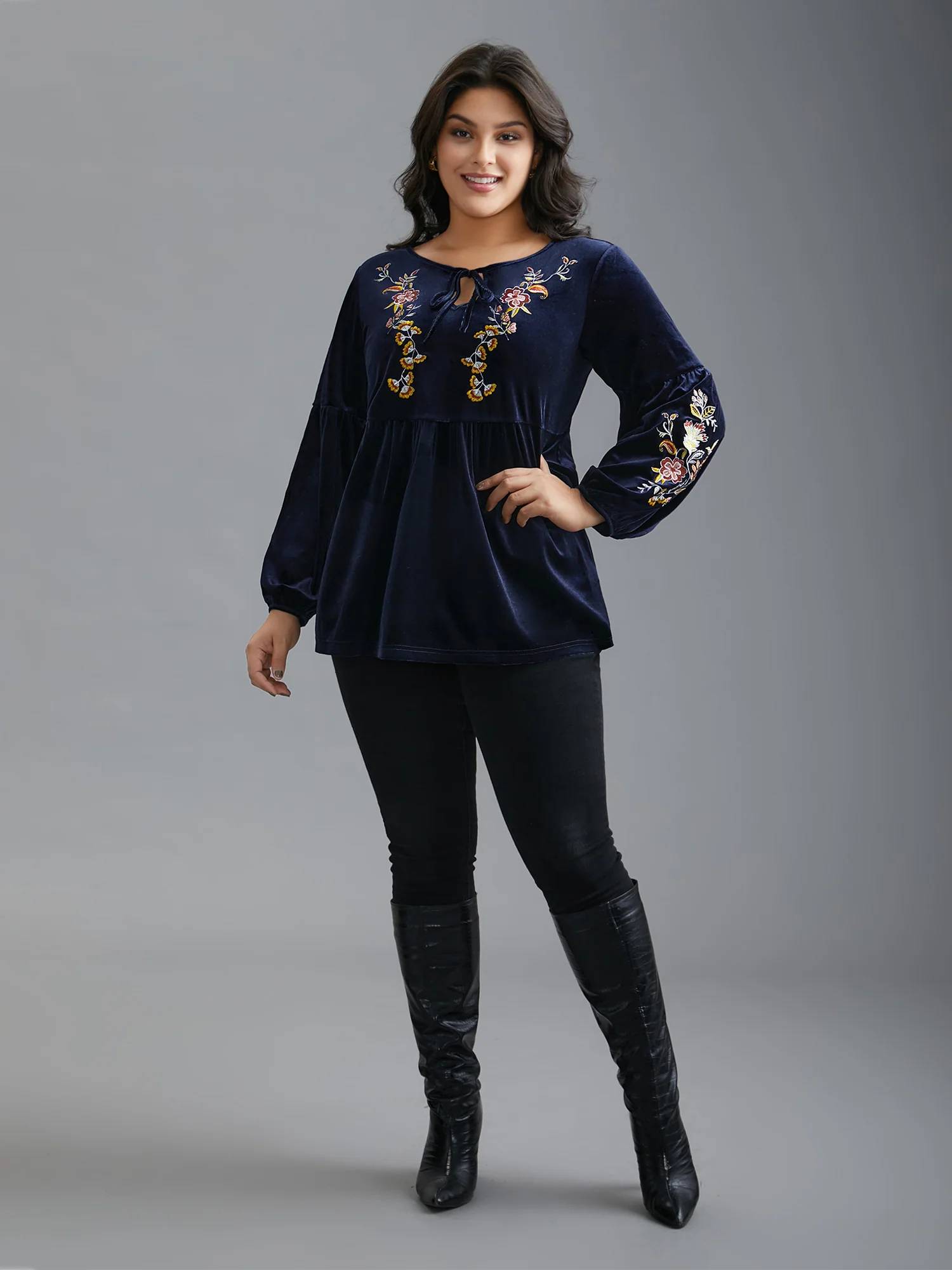 Floral Embroidered Velvet Tie Knot Blouse