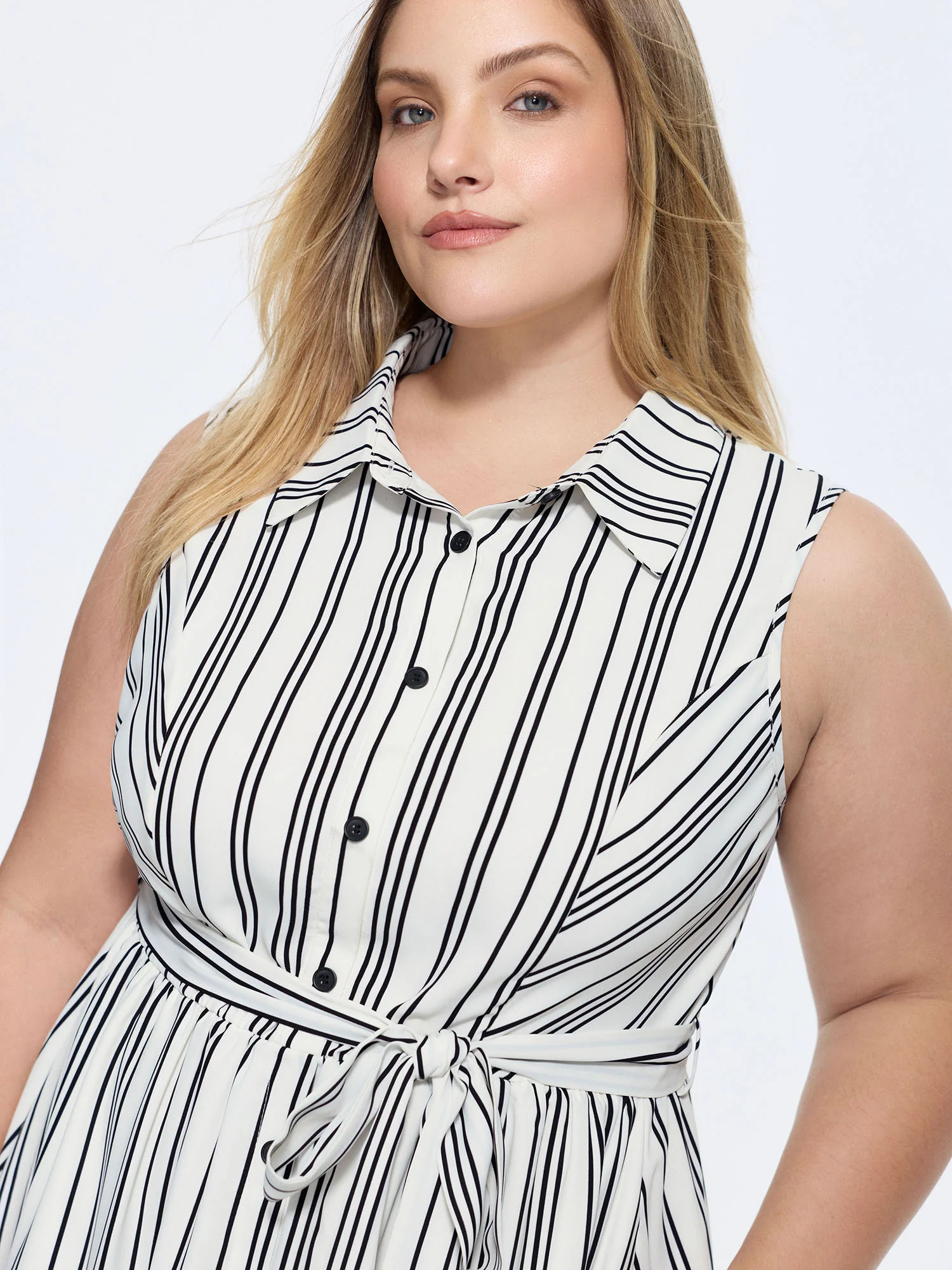 Striped Print Sleeveless Shirt Midi Dress