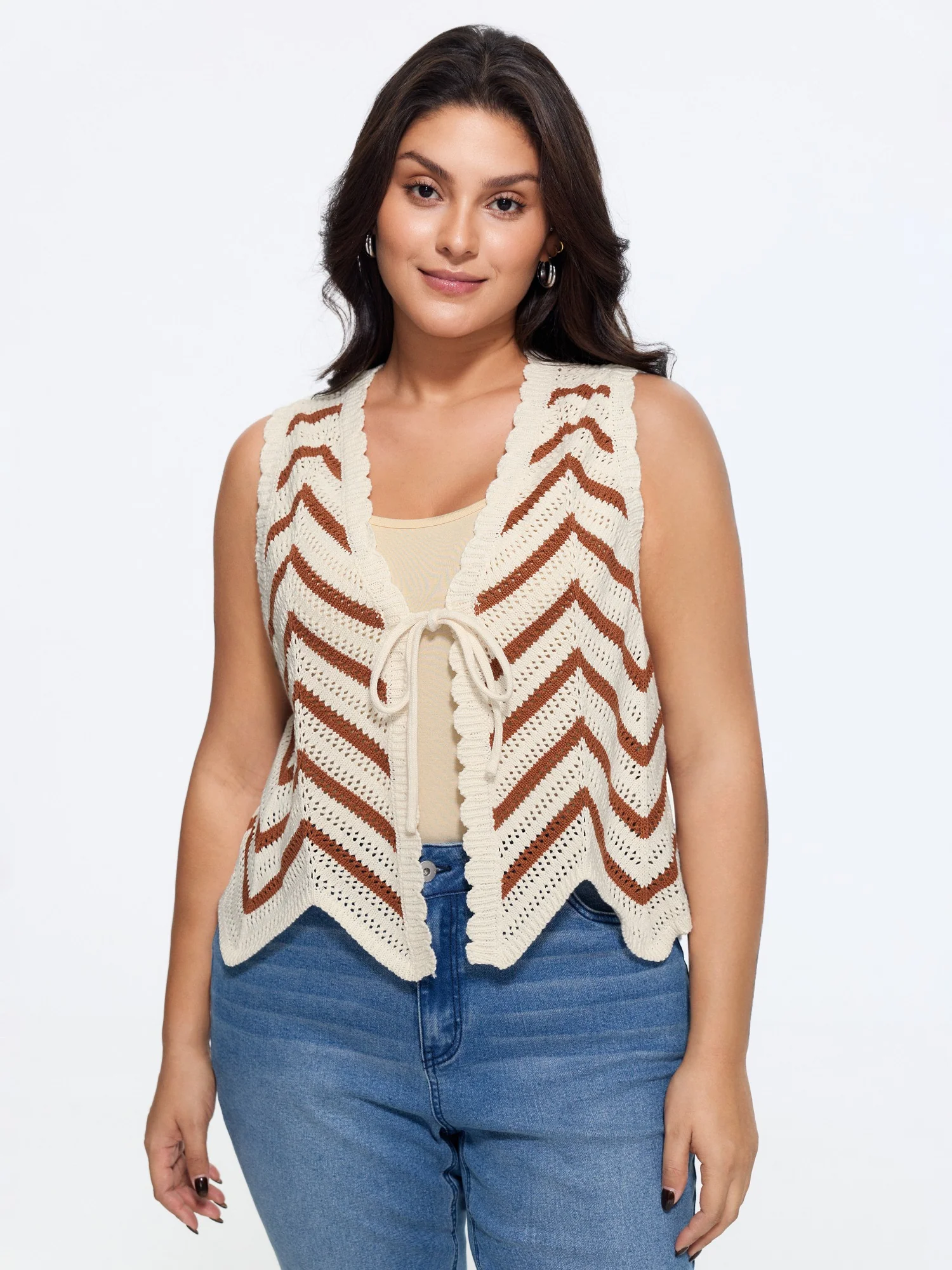 Scallop Edge Chevron Knit Front Tie Sweater Vest