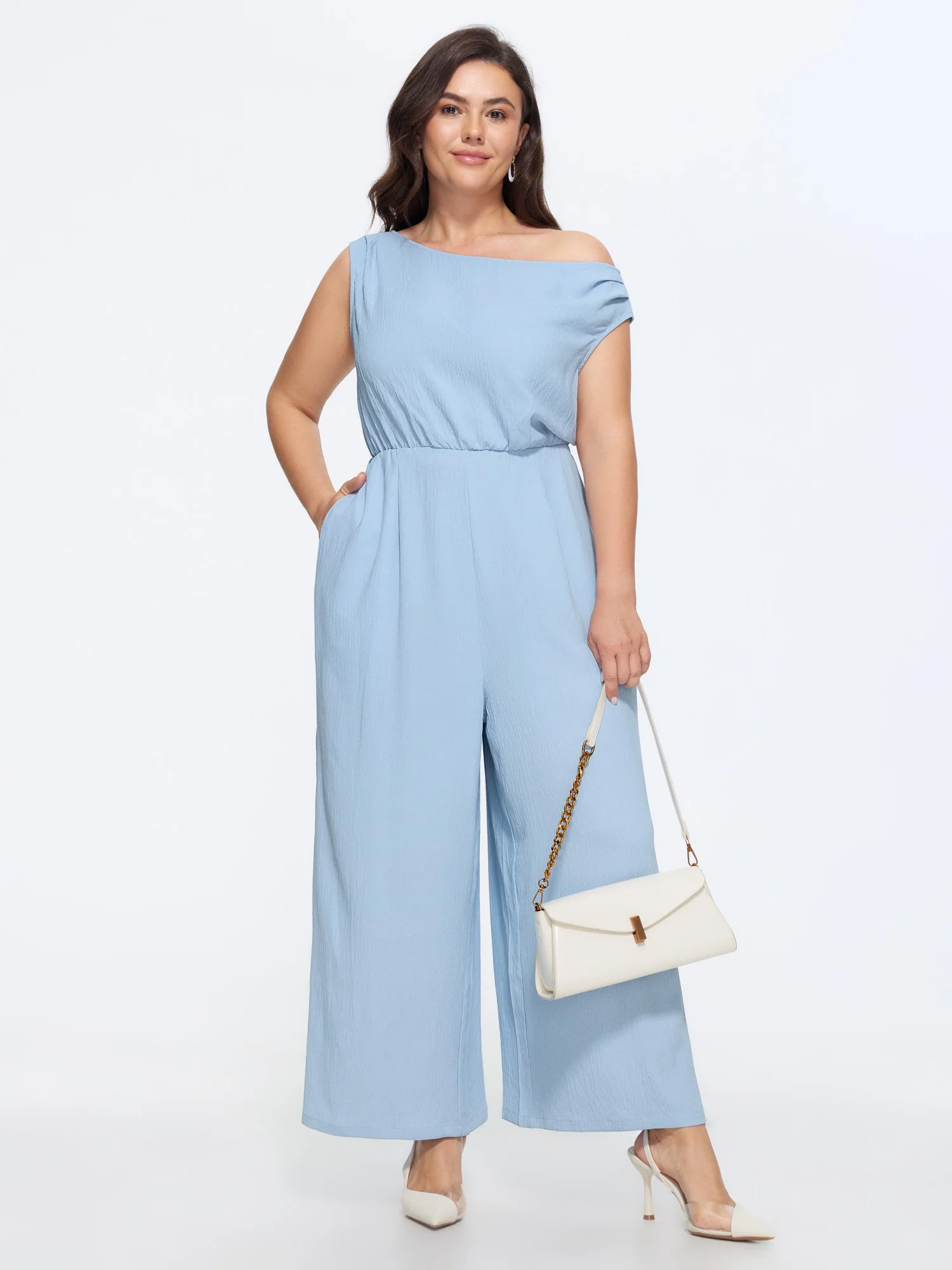 Textured One Shoulder Pocket Wide Leg Jumpsuit