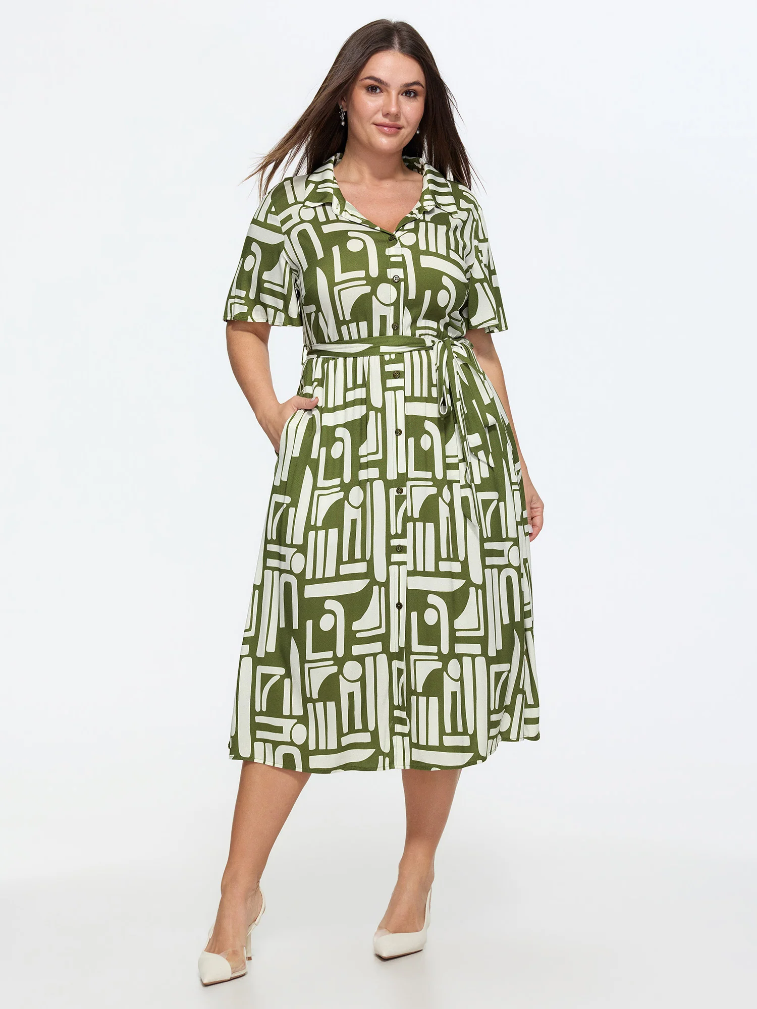Geometric Print Pockets Collared Midi Dress