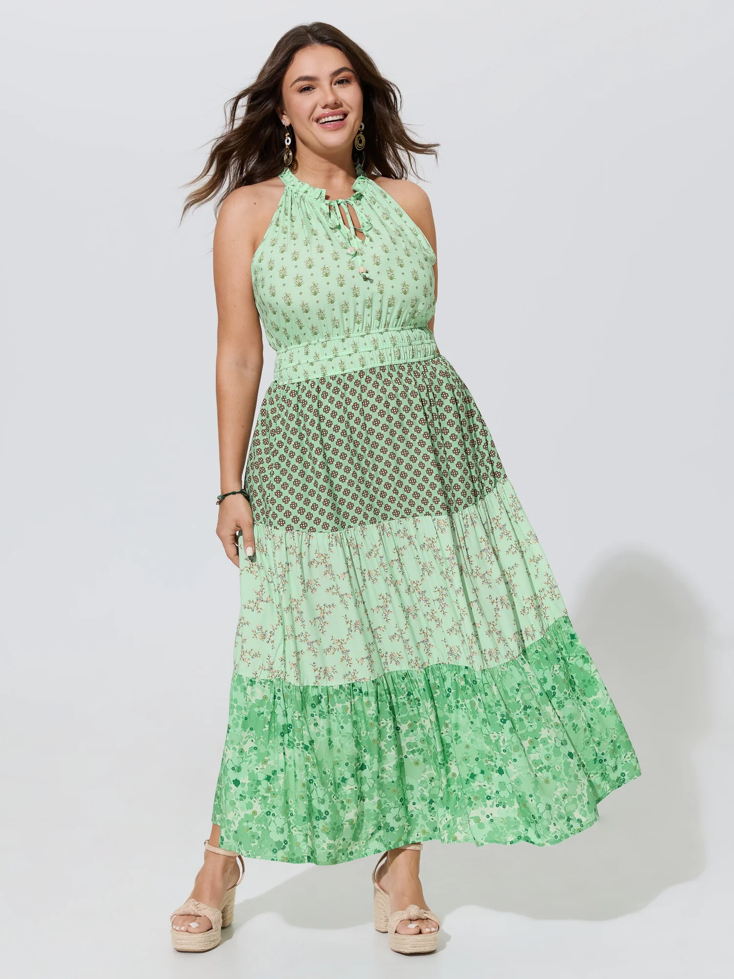 Supersoft Mixed Floral Color Contrast Tiered Maxi Dress