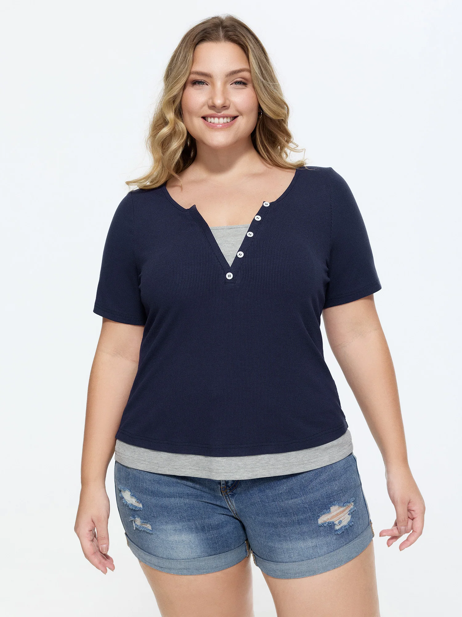 Stretchy Split Neckline Color Contrast T-Shirt