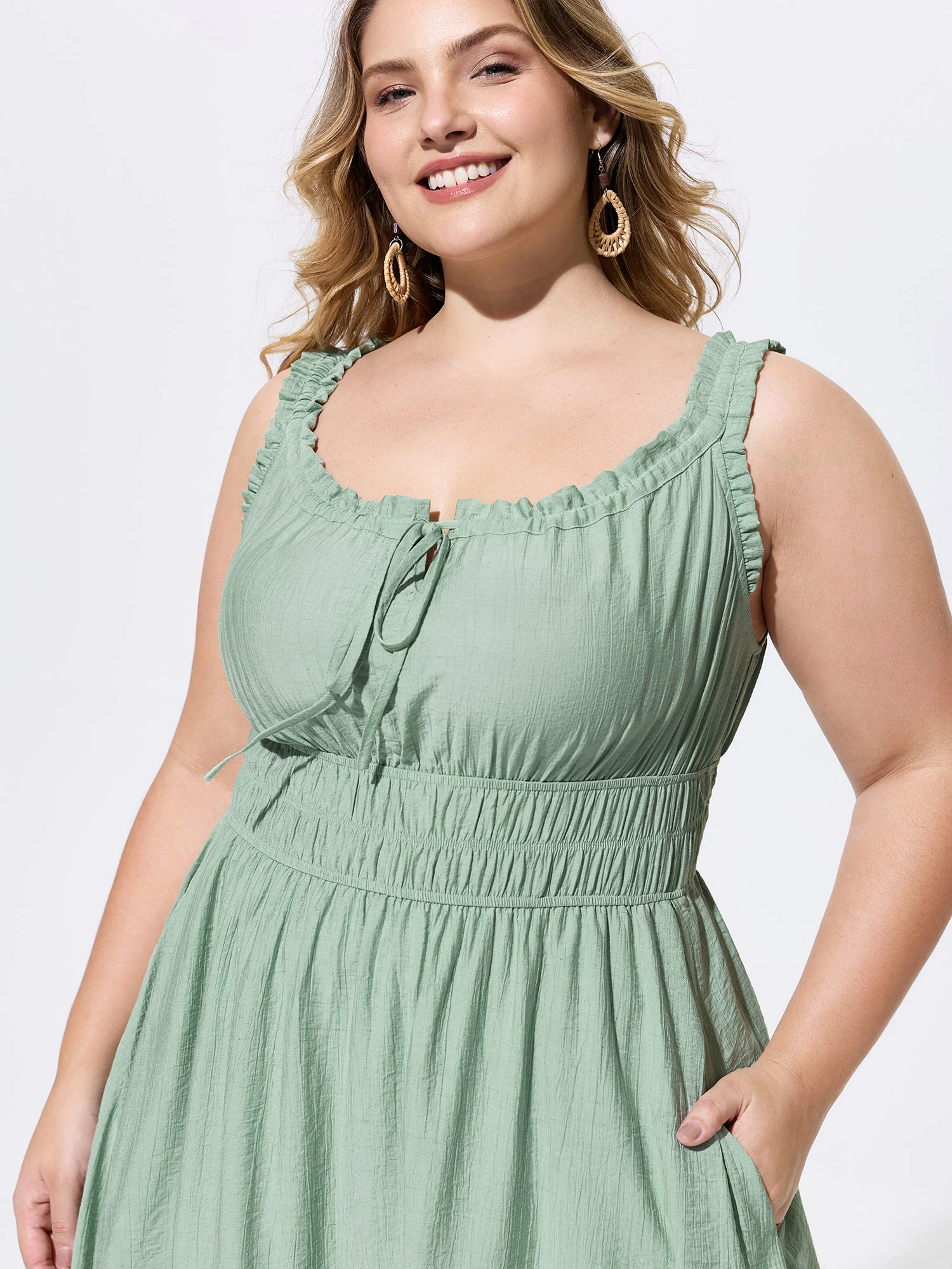 Linen Blend Adjustable Drawstring Neckline Midi Dress