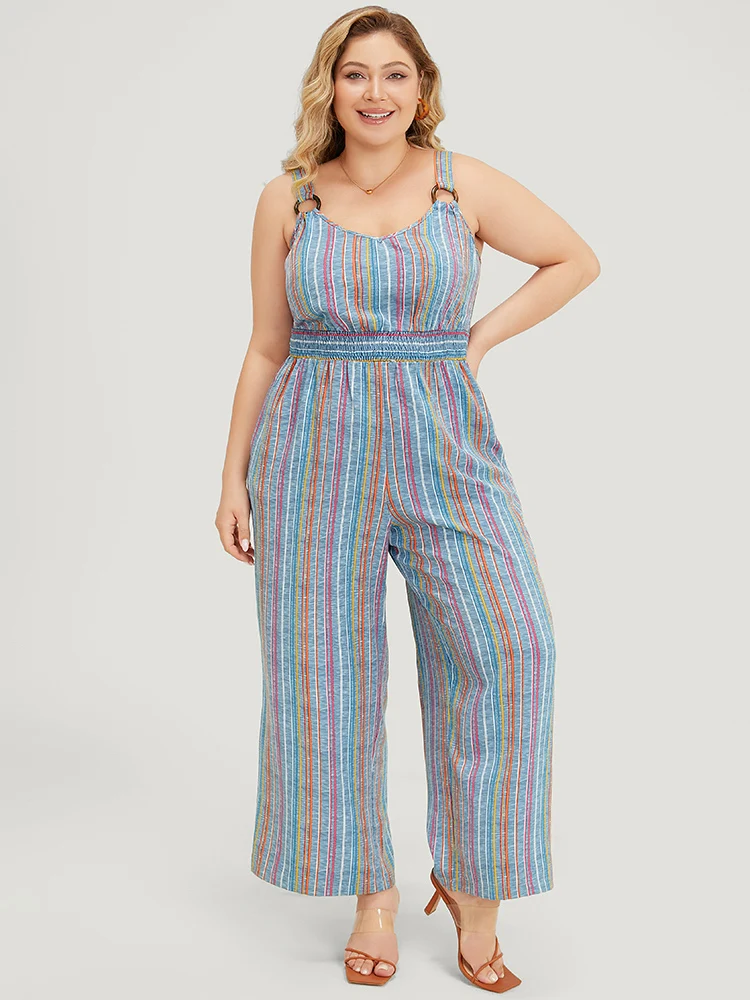 Striped Contrast Buckle Detail Pocket Shirred Jumpsuit