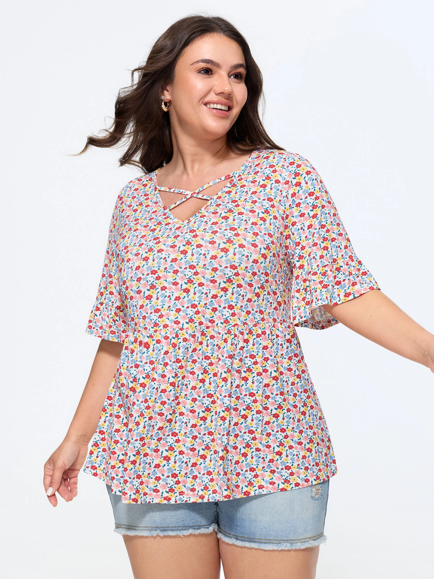 Supersoft Stretchy Floral Print Cut-Out Jersey Top