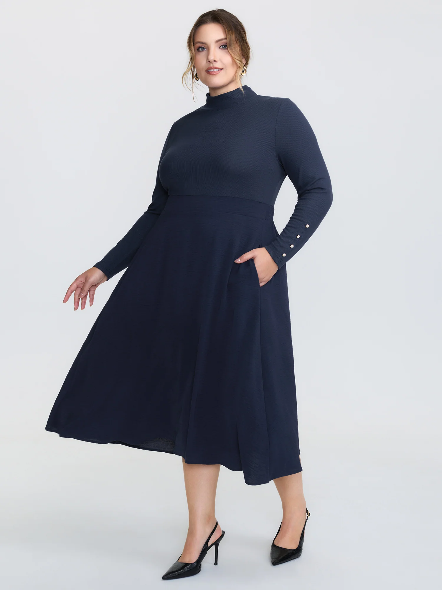 Mock Neck Waist-Defining Button Midi Dress
