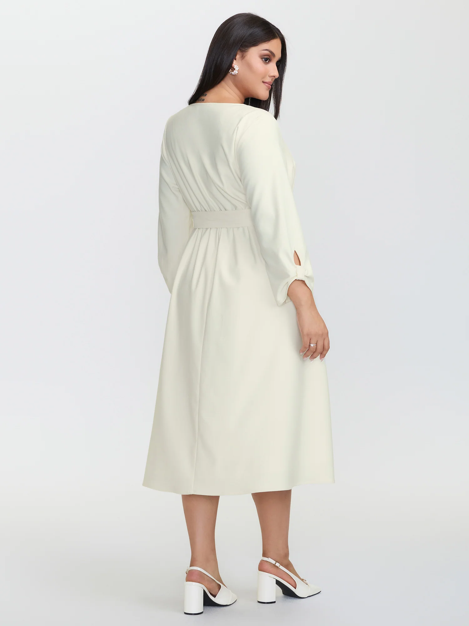 Pleated Split Neck Waist-Tie Maxi Dress