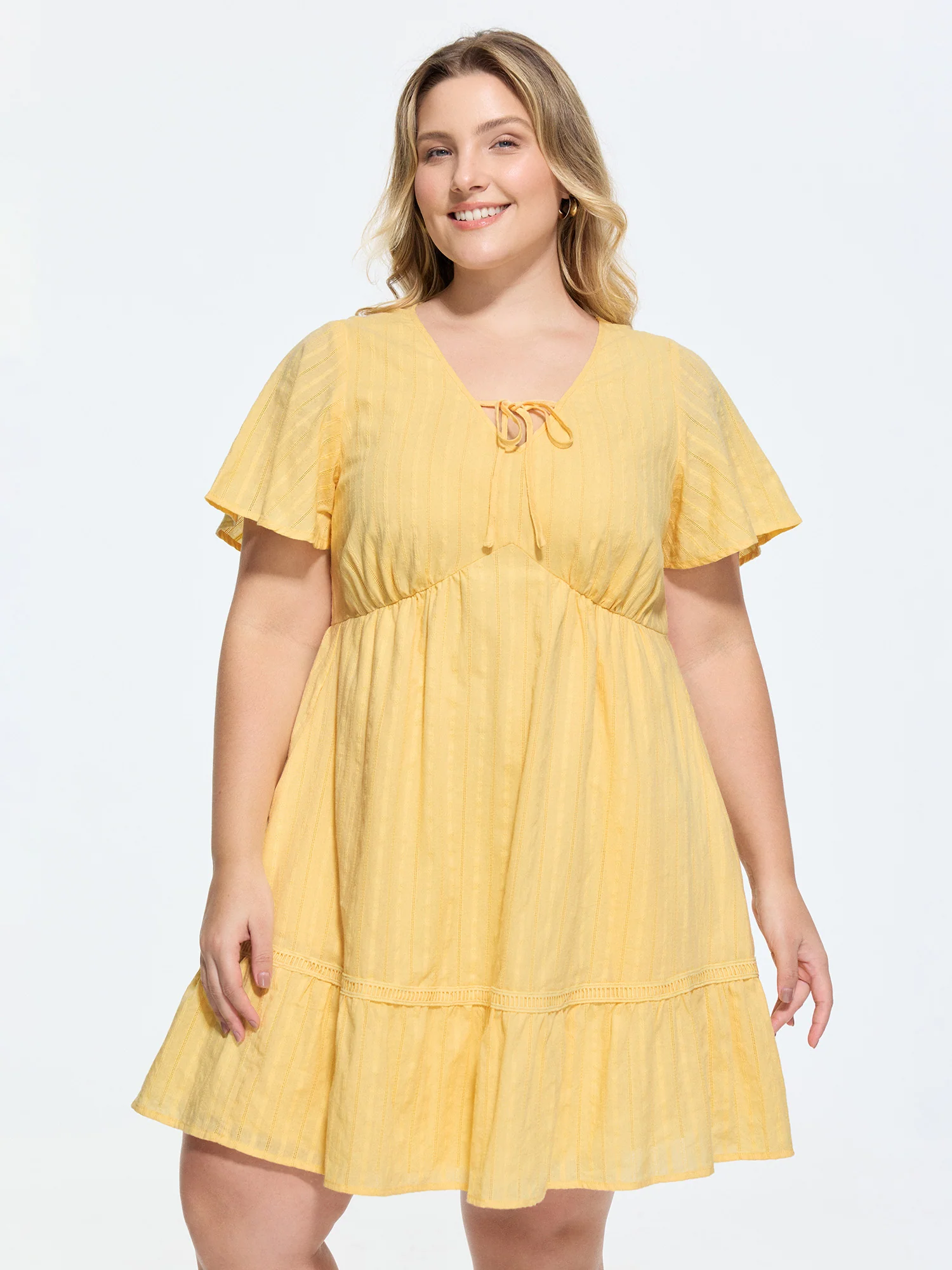Cotton Sheer Lace Trim V-Neck Mini Dress