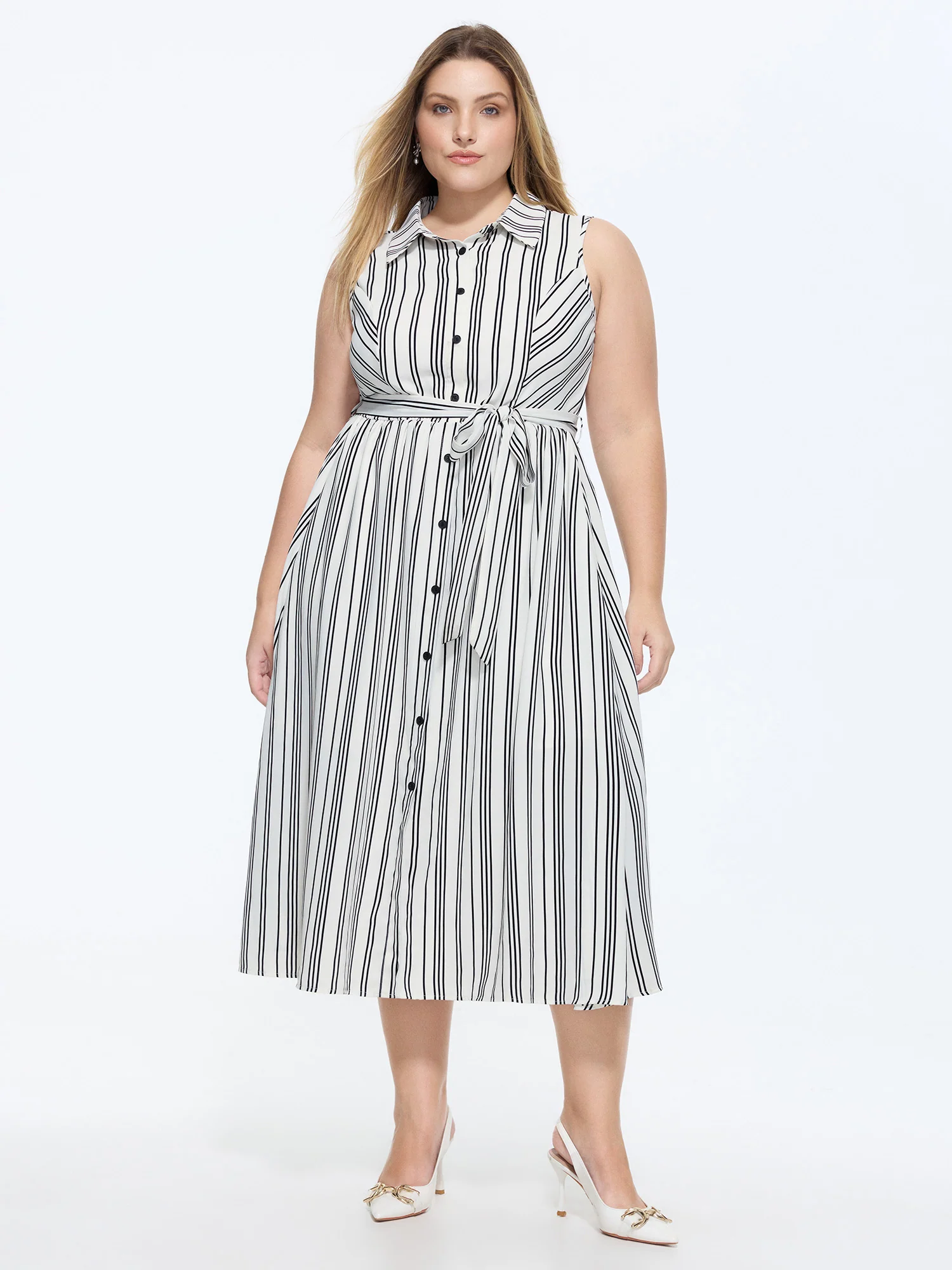 Striped Print Sleeveless Shirt Midi Dress