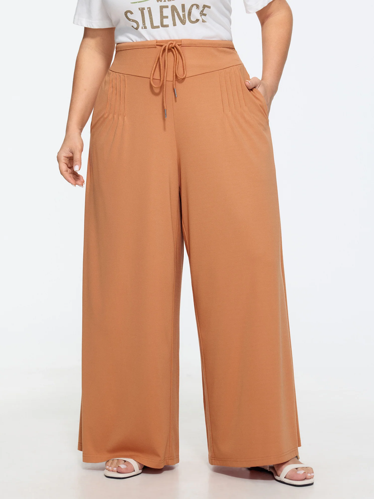 Stretchy Drawstring Waist Wide-Leg Pants