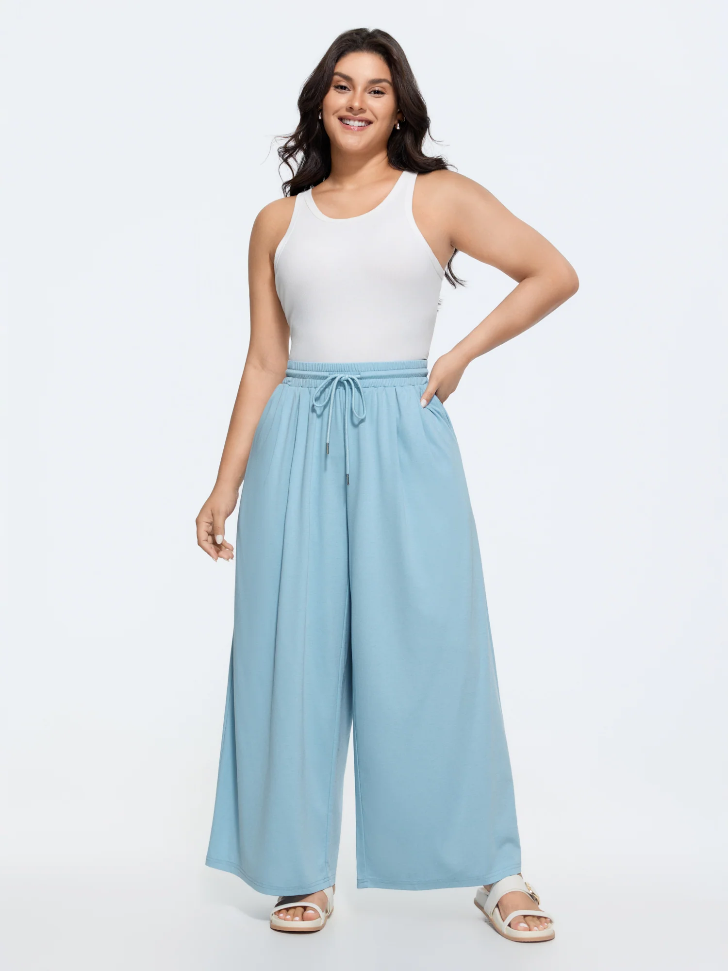Plain Drawstring Waist Wide Leg Pants