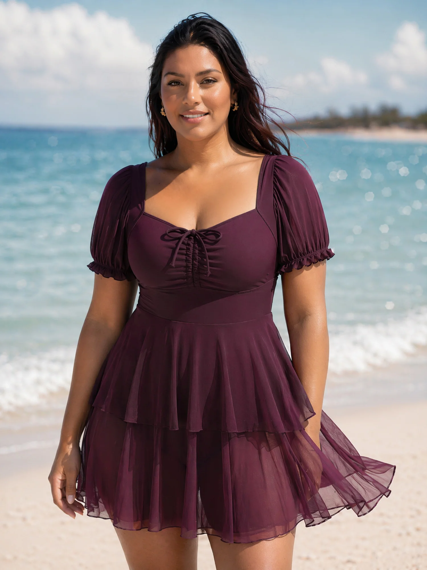 Sheer Ruched Bodice Tiered Swim Dress