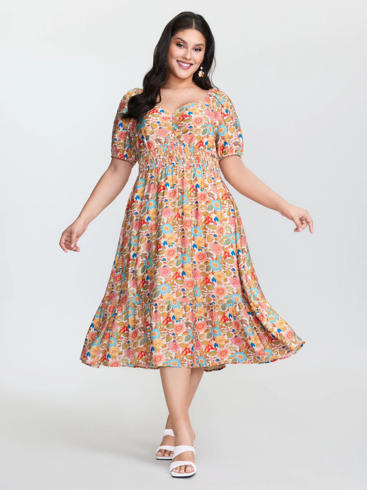 Floral Print Sweetheart Neckline Midi Dress