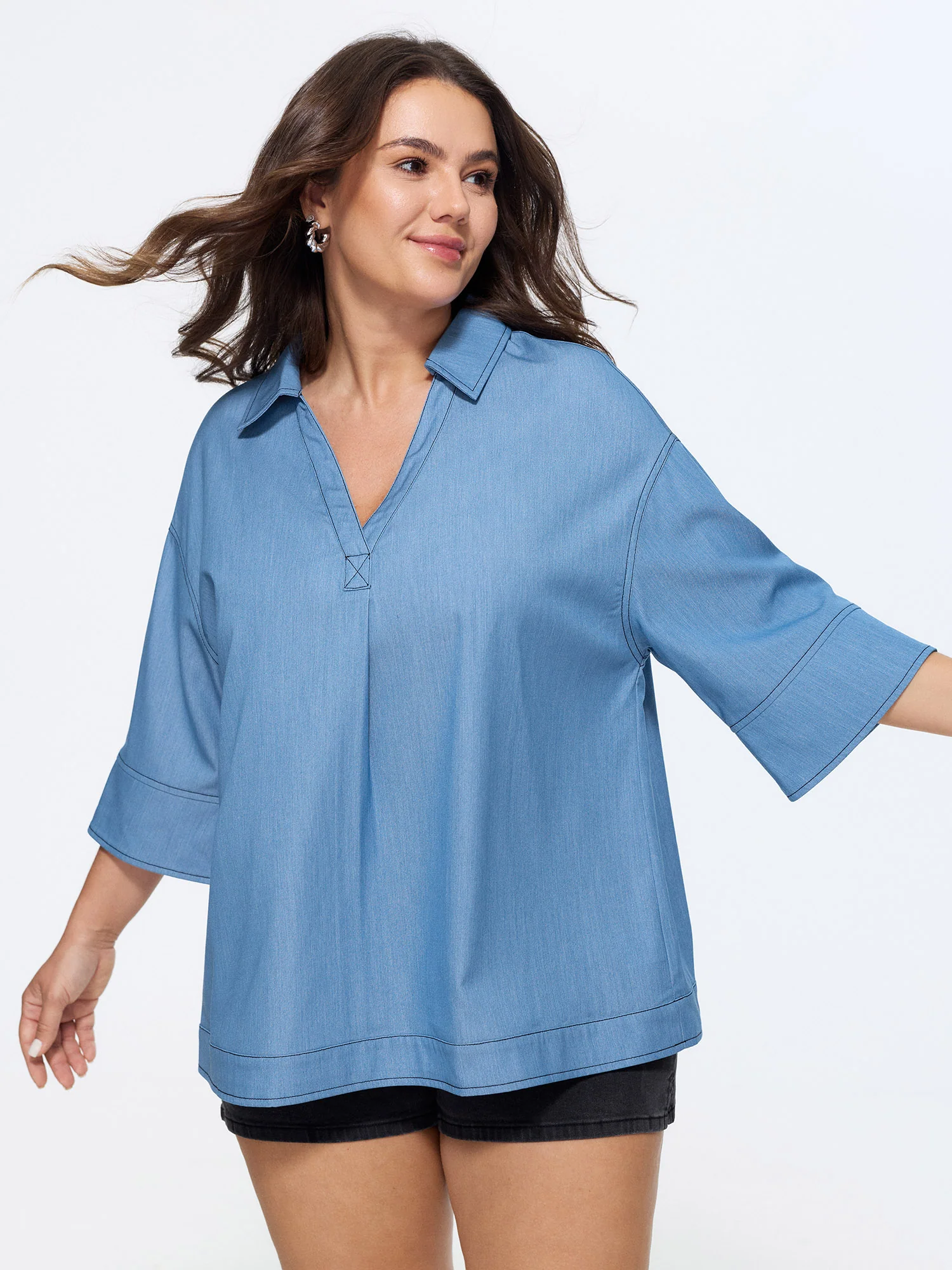 Pleated Relaxed-Fit Plain Faux Denim Blouse