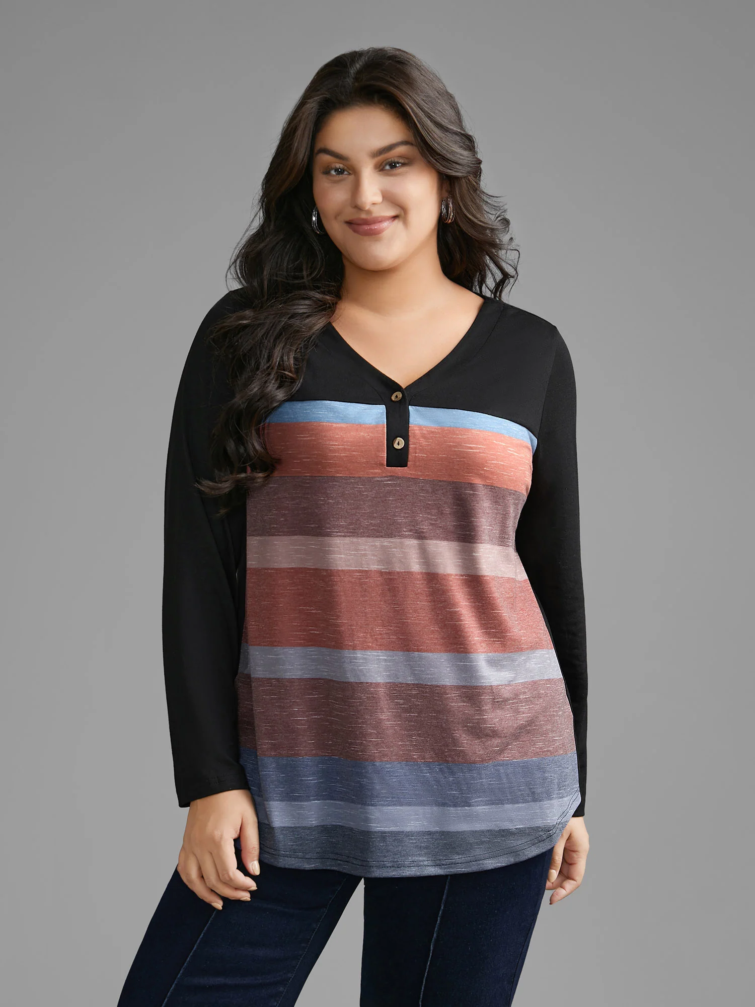 V Neck Colorblock Contrast Button Up T-shirt