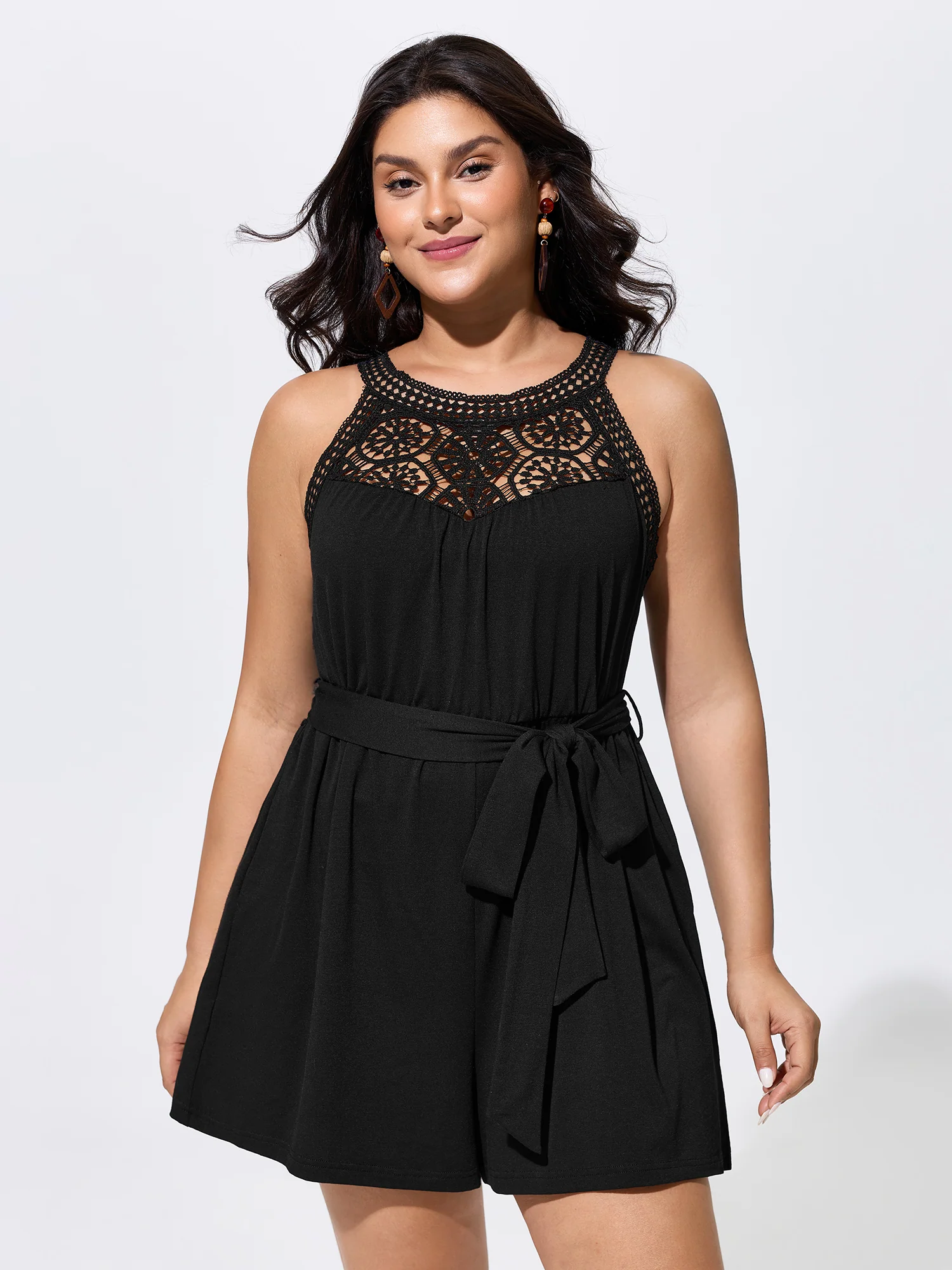 Sheer Lace Neckline Waist-Tie Romper