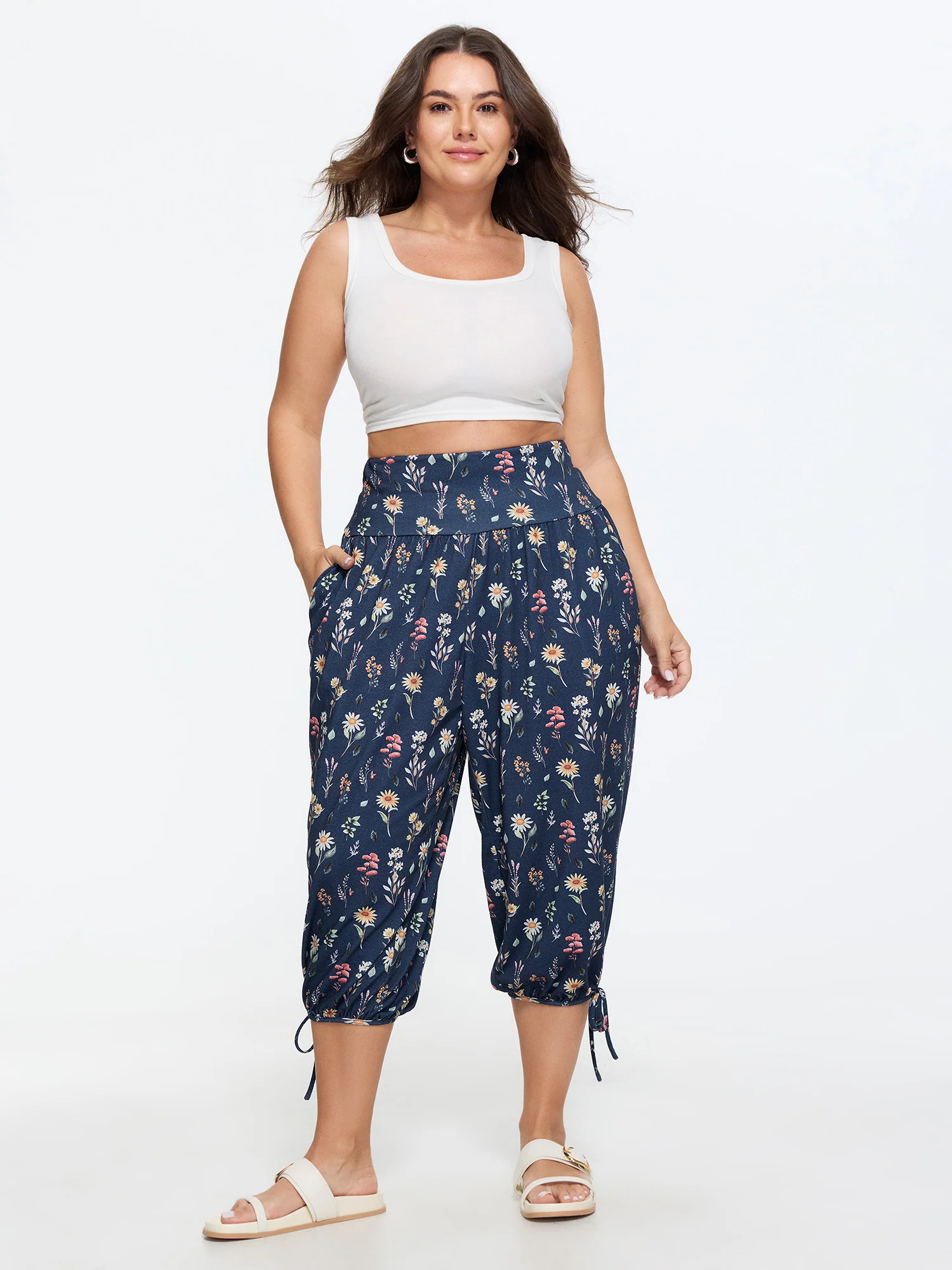 Stretchy Floral Print Drawstring Cuff Pants