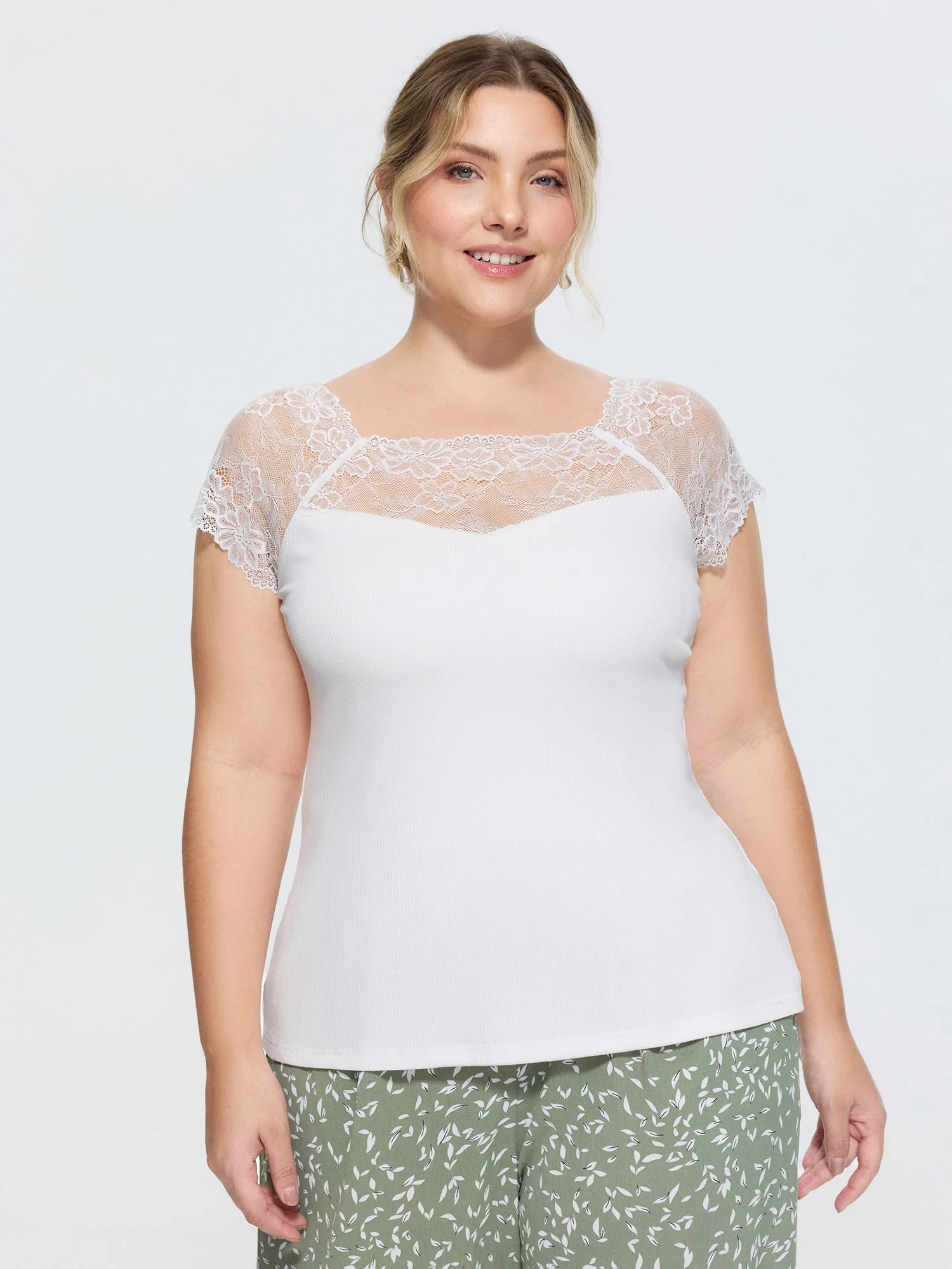 Sheer Lace Neckline Plain Knit Top